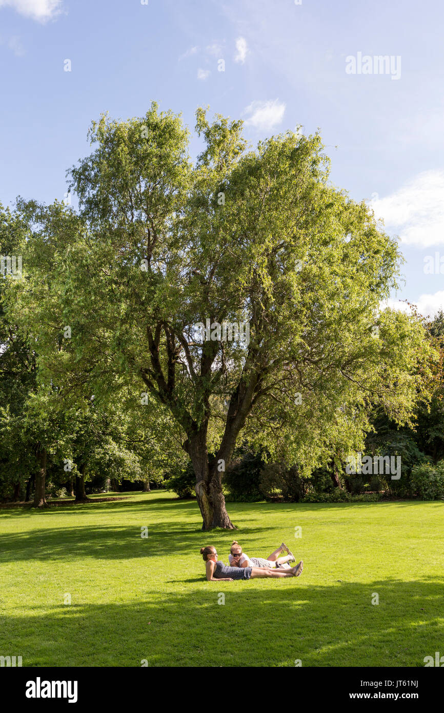 Die Menschen liegen auf Gress in der Sonne im öffentlichen Park, Linda Vista Gärten, Abergavenny, Wales, Großbritannien Stockfoto