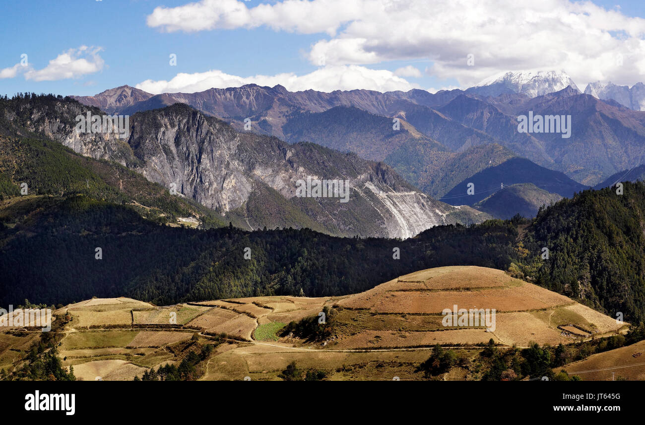Panorama Blick auf die Berge und gelb Landwirtschaft Ackerland in Yading nationaler Ebene finden, Daocheng, Provinz Sichuan, Shangri-La, China. Stockfoto