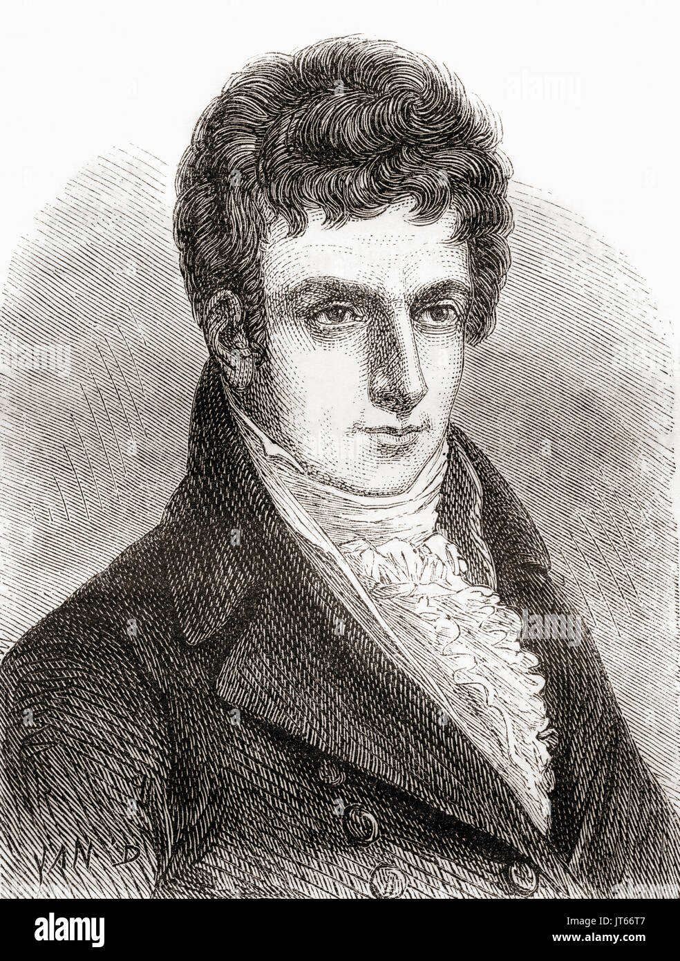 Robert Fulton, 1765-1815. US-amerikanischer Ingenieur und Erfinder, weit gutgeschrieben mit der Entwicklung von einem kommerziell erfolgreiche Dampfschiff namens The North River Steamboat Claremont.  Er war auch im Auftrag von Napoleon Bonaparte im Jahr 1800 zu versuchen, die Nautilus zu entwerfen, die das erste praktische Unterseeboot in der Geschichte war.  Von Les Merveilles De La Science veröffentlichte 1870. Stockfoto