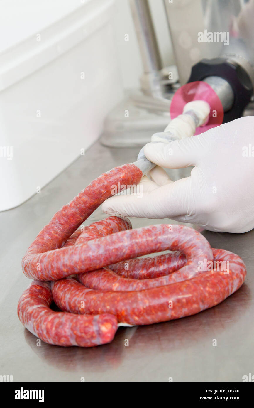 Bauernhof Verarbeitung: Vorbereitung von merguez Würstchen in einer Farm Stockfoto