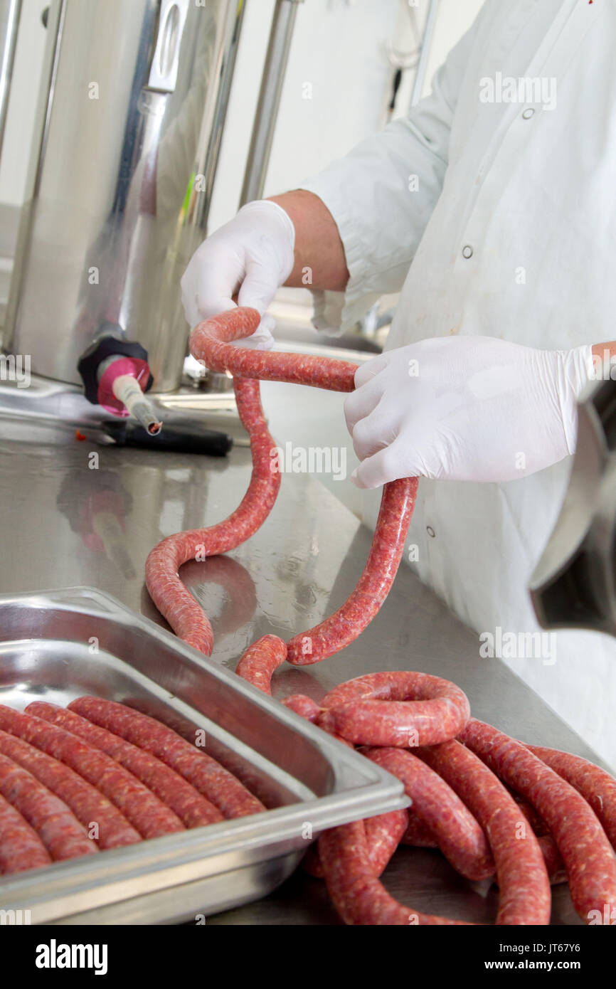 Bauernhof Verarbeitung: Vorbereitung von merguez Würstchen in einer Farm Stockfoto