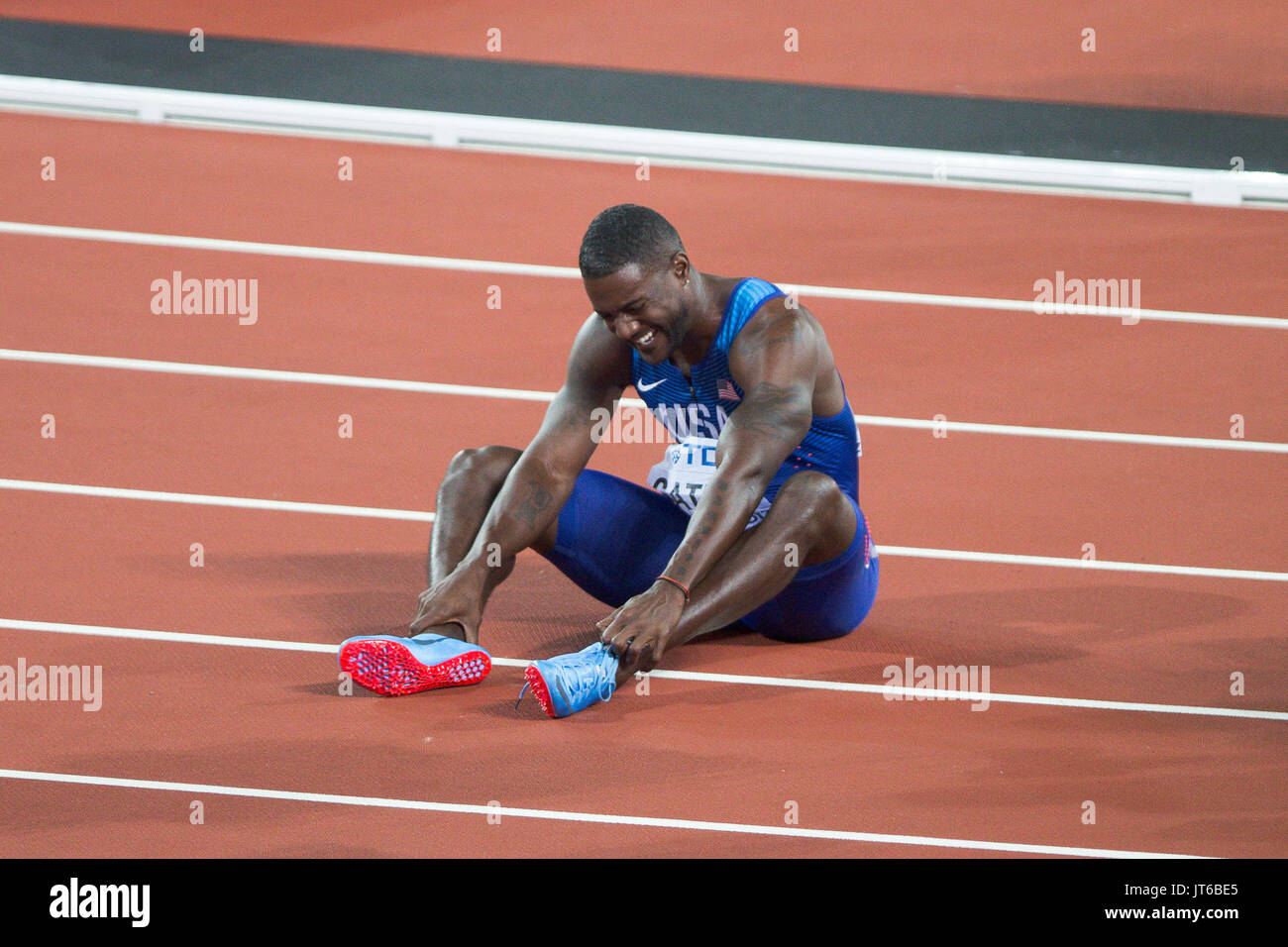 LONDON, ENGLAND - 05. August: Justin Gatlin nach dem Gewinn der Männer 100 m-Finale in Tag zwei des 17. IAAF Leichtathletik WM 2017 in London an der London Stadion am 5. August 2017 in London. Stockfoto