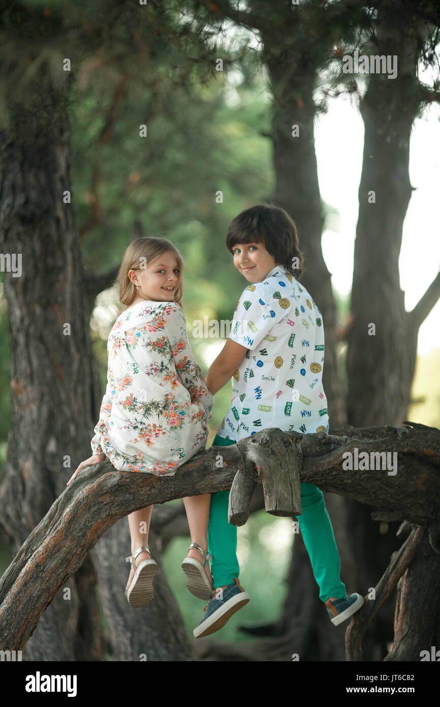 Kleine Mädchen und Jungen sitzen nebeneinander auf Ast, Blick zurück und halten sich an den Händen. Erste Liebe. Stockfoto