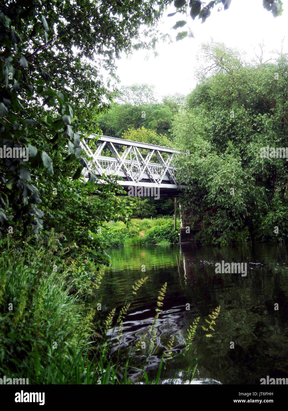 England, Land, Brücke, Metallbrücke auf dem Land, Metallbrücke, die Natur verbindet, Fluss, Bäume, Wasserpflanzen, Bach, Wasserreflektionen Stockfoto