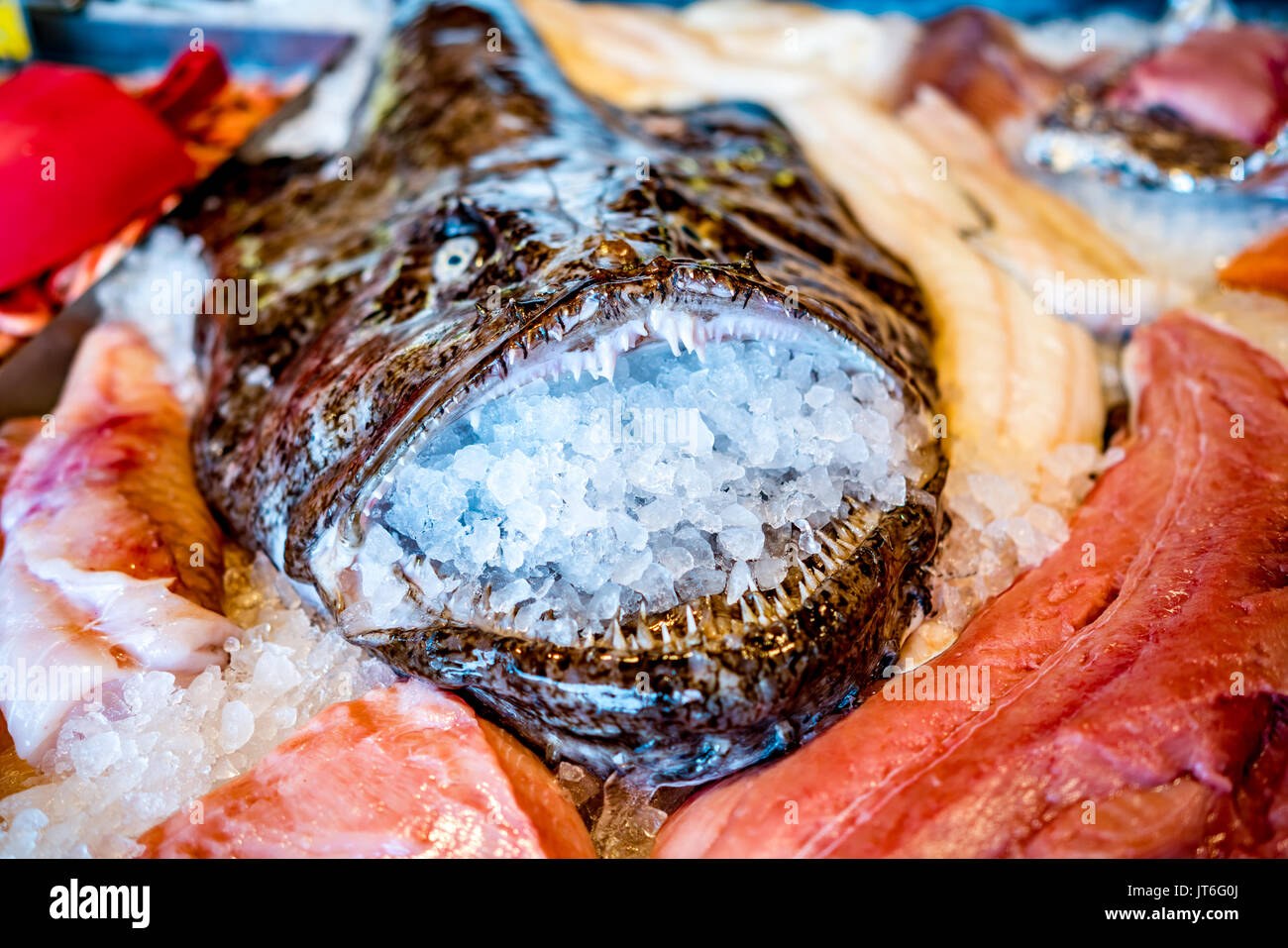Verschiedene Meeresfrüchte in den Regalen der Fischmarkt in Norwegen, Bergen Stockfoto