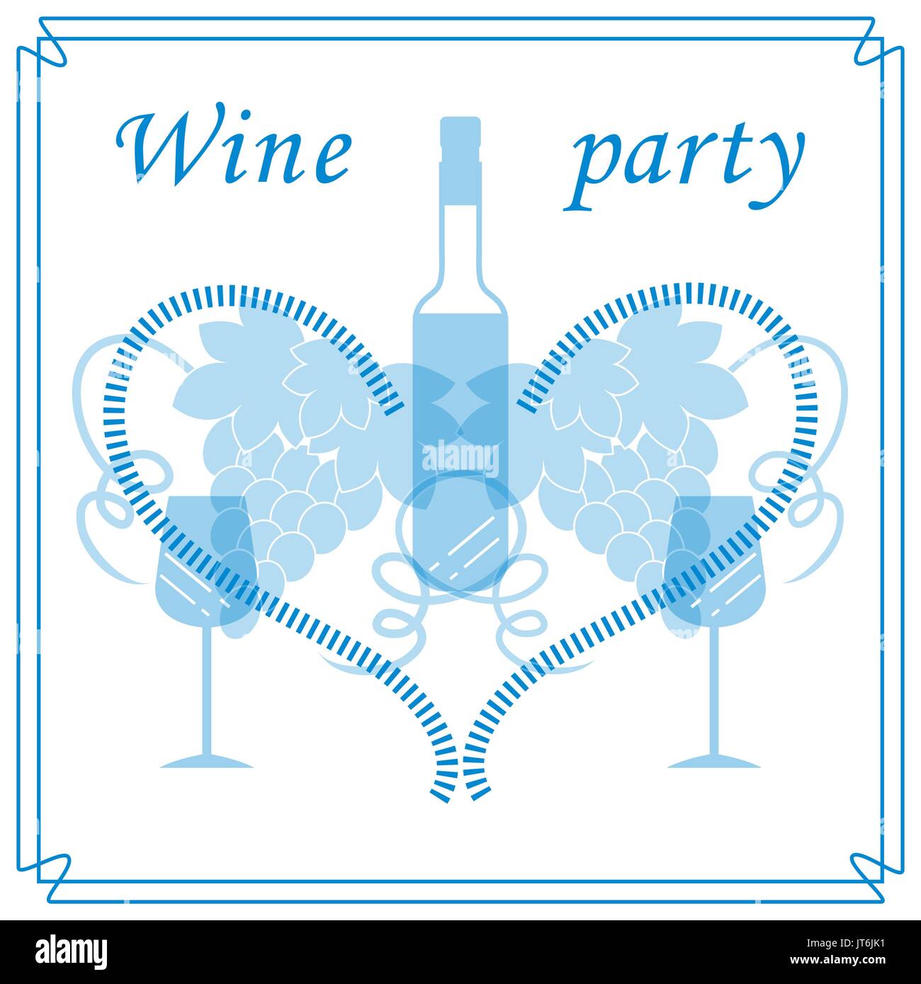 Niedliche Vektor-Illustration der Flasche Wein, Gläser, Trauben und Herz im Rahmen. Weinhandel. Shop, Bar, Restaurant, Weinkeller, Weinproben, Liste oder ev Stock Vektor