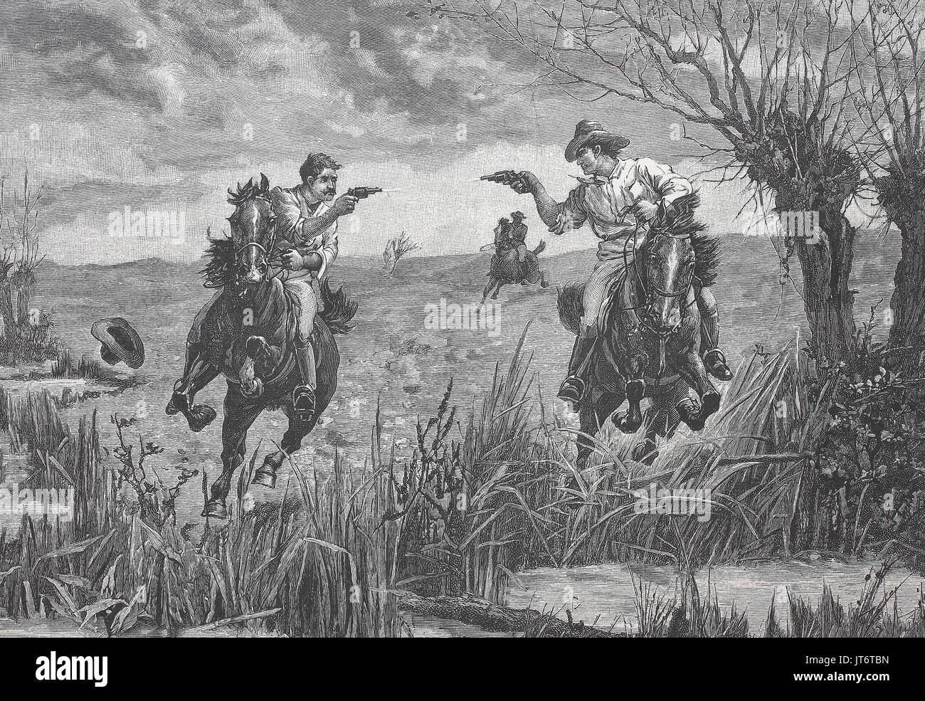 Amerikanische Cowboys Duell mit Pistolen vom Pferd, Digital verbesserte Reproduktion eines Bildes zwischen 1880 - 1885 veröffentlicht. Stockfoto