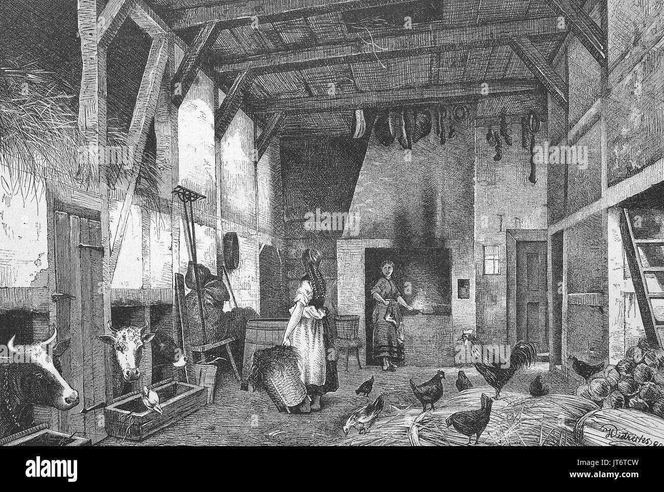 Old-Saxon Wohnhaus und Bauernhaus in der Altmark Deutschland, Menschen und Tiere, die zusammen leben, Digitale verbesserte Reproduktion eines Bildes zwischen 1880 - 1885 veröffentlicht. Stockfoto