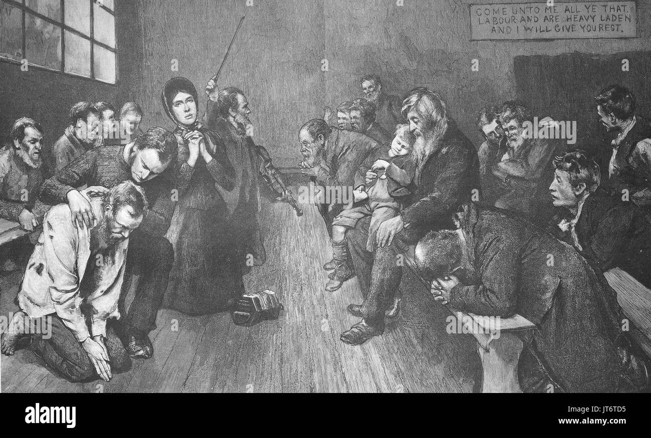 Gebet und stille Anbetung der Heilsarmee, eine evangelische christliche Kirche, in England, Digital verbesserte Reproduktion eines Bildes zwischen 1880 - 1885 veröffentlicht. Stockfoto