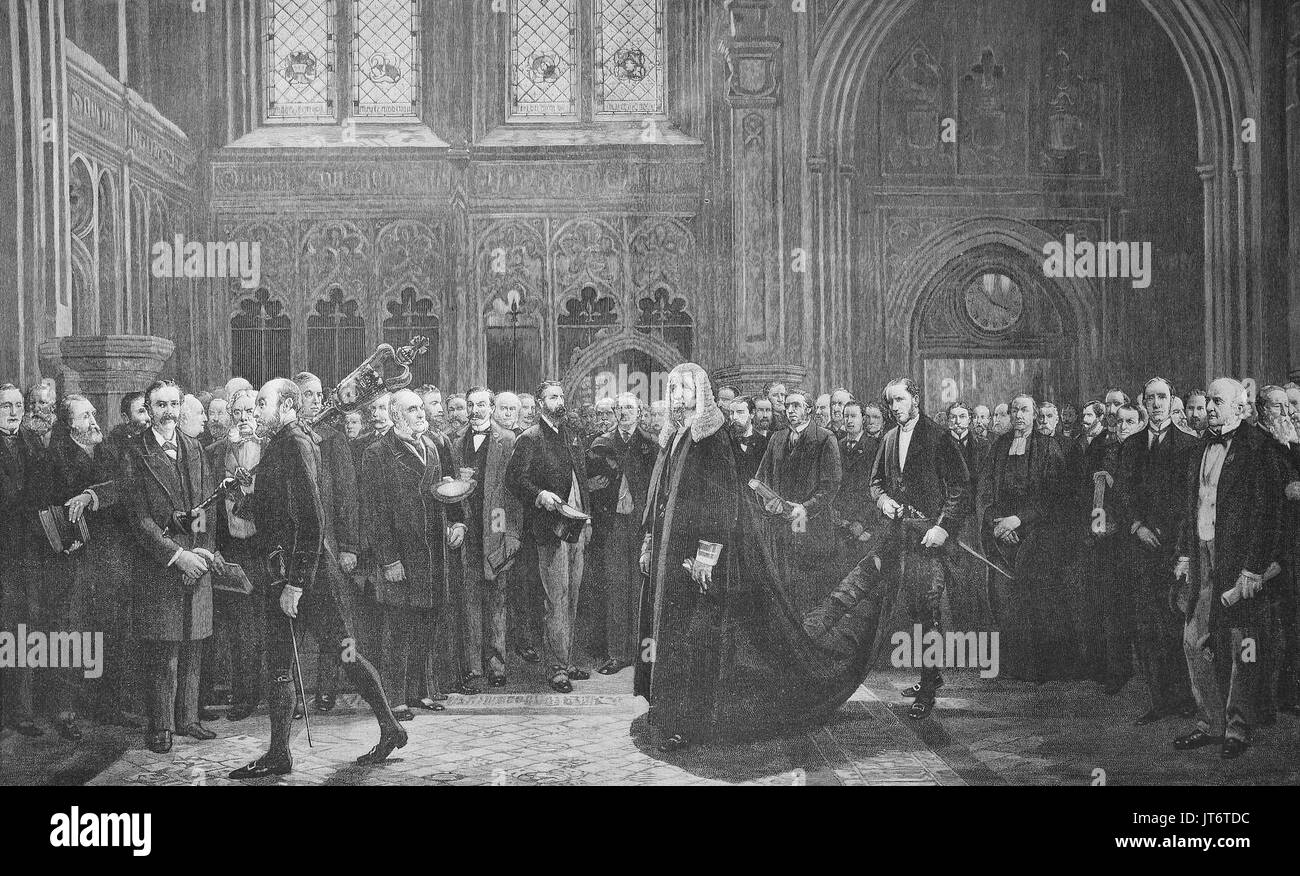 Aus dem Englischen Parlament, die Lautsprecher auf dem Weg zum oberen Haus, Senat, England, Digital verbesserte Reproduktion eines Bildes zwischen 1880 - 1885 veröffentlicht. Stockfoto