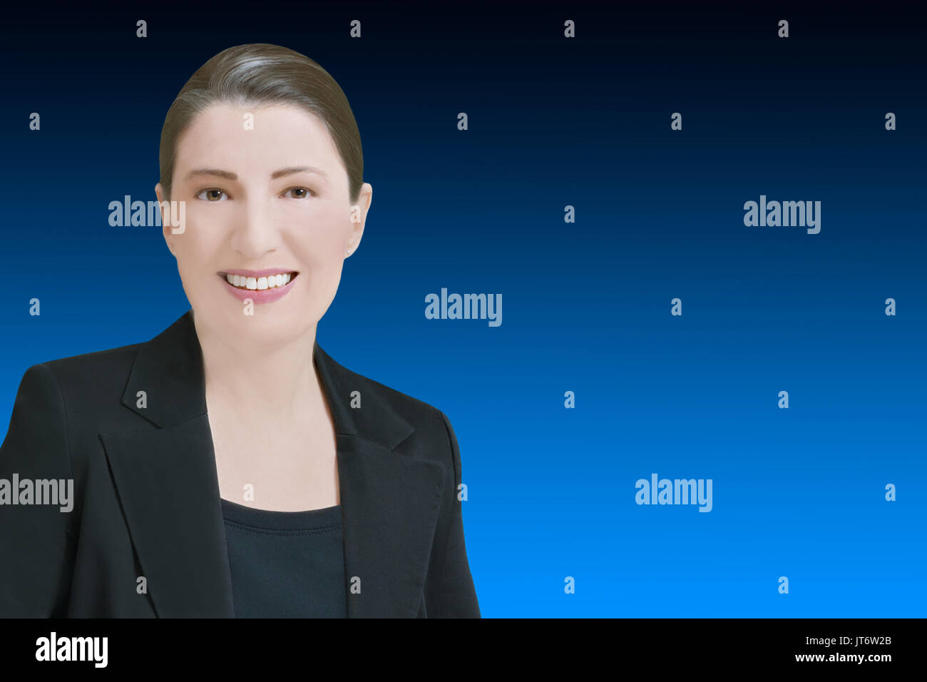 Weibliche robo-Berater oder Chat bot Konzeptvorlage, freundlich lächelnden Computer generierte Frau vor blauem Hintergrund, viele kopieren oder Text Platz Stockfoto