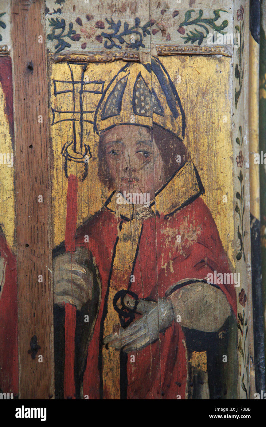 Saint Clement, mittelalterliche Lettner Gemälde, St Andrew Church, Westhall, Suffolk, England, UK Stockfoto