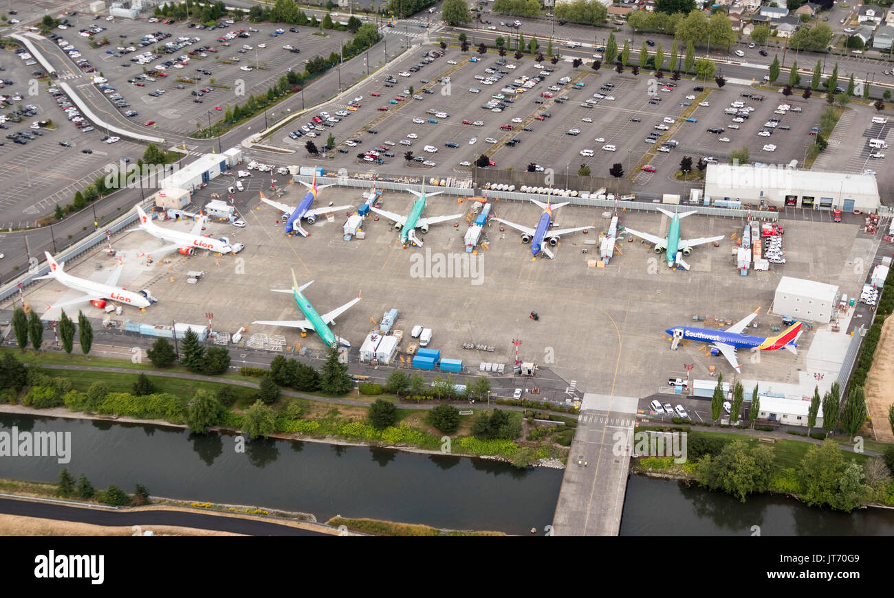 Luftaufnahme von Boeing 737 MAX Flugzeuge im Bau an Renton, Washington State, USA Stockfoto