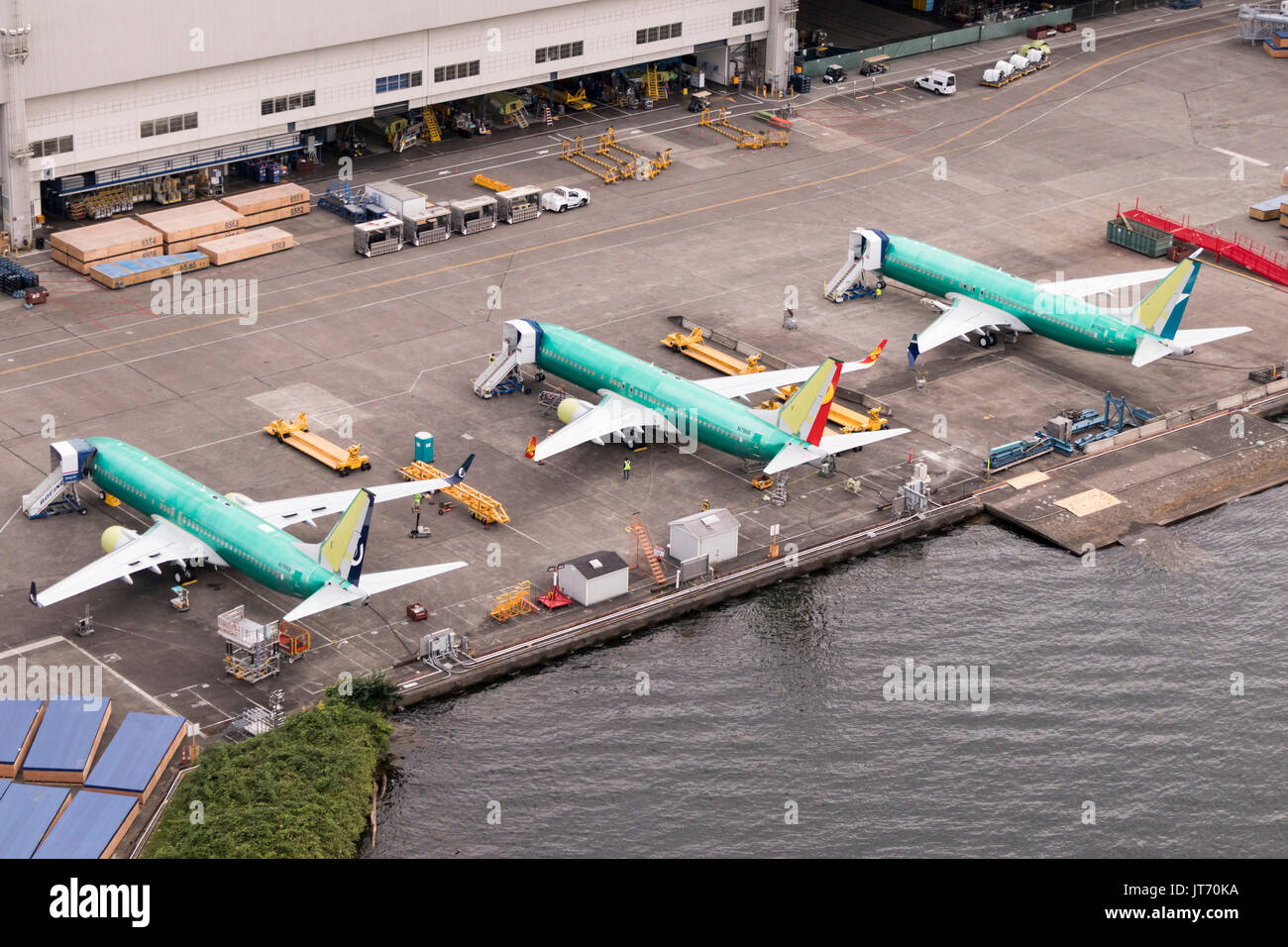 Luftaufnahme von Jet Airways Boeing 737 MAX Flugzeuge im Bau an Renton, Washington State, USA Stockfoto