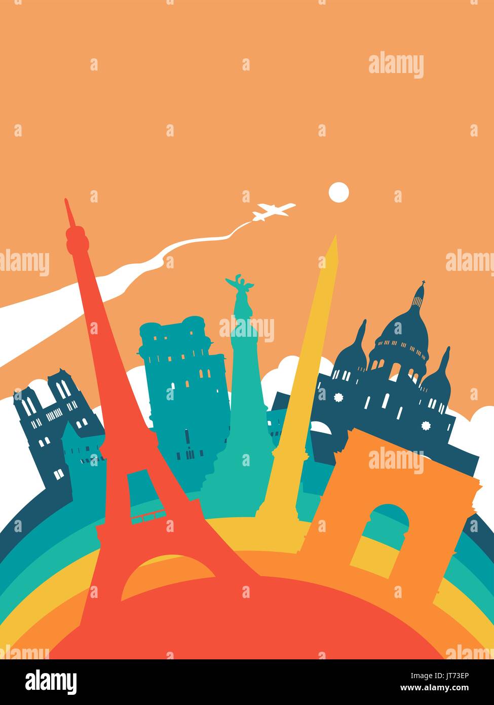 Reisen Sie Frankreich Landschaft Abbildung, französische Sehenswürdigkeiten. Kirche Notre-Dame, Eiffelturm, Triumphbogen gehören. EPS10 Vektor. Stock Vektor