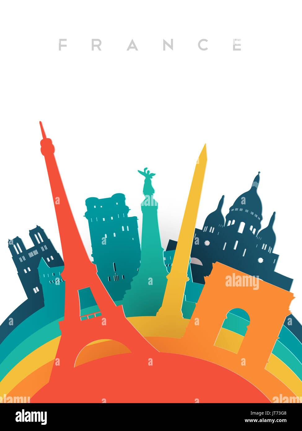 Reisen Sie Frankreich Darstellung in 3d Papier schneiden Stil, französische Sehenswürdigkeiten. Kirche Notre-Dame, Eiffelturm, Triumphbogen gehören. EPS10 Vektor. Stock Vektor