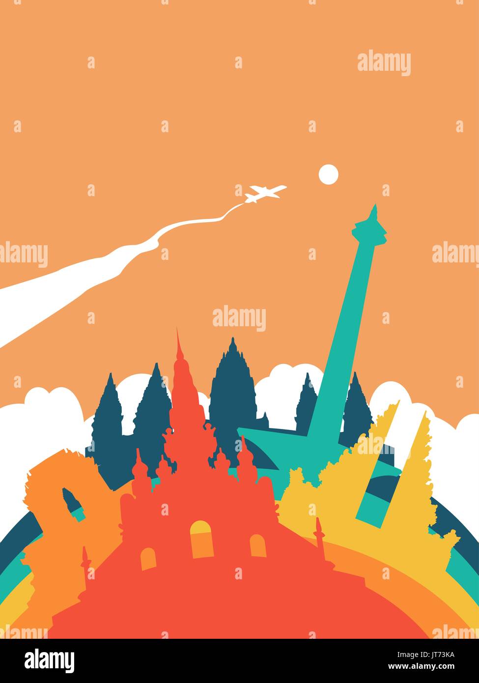 Reisen Sie Indonesien Landschaft Abbildung, indonesische Sehenswürdigkeiten. Jakarta Monas Denkmal, Hindu-Tempel, alte Gebäude umfasst. EPS10 Vektor. Stock Vektor