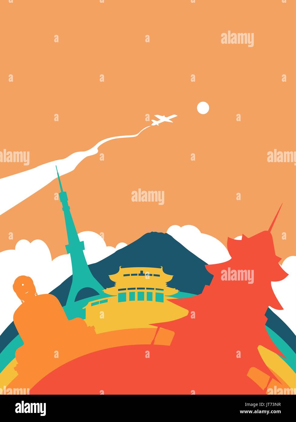 Reisen Sie Japan Landschaft Abbildung, Wahrzeichen japanische Welt. Buddha Statue, Mount Fuji, Tokyo Tower gehören. EPS10 Vektor. Stock Vektor