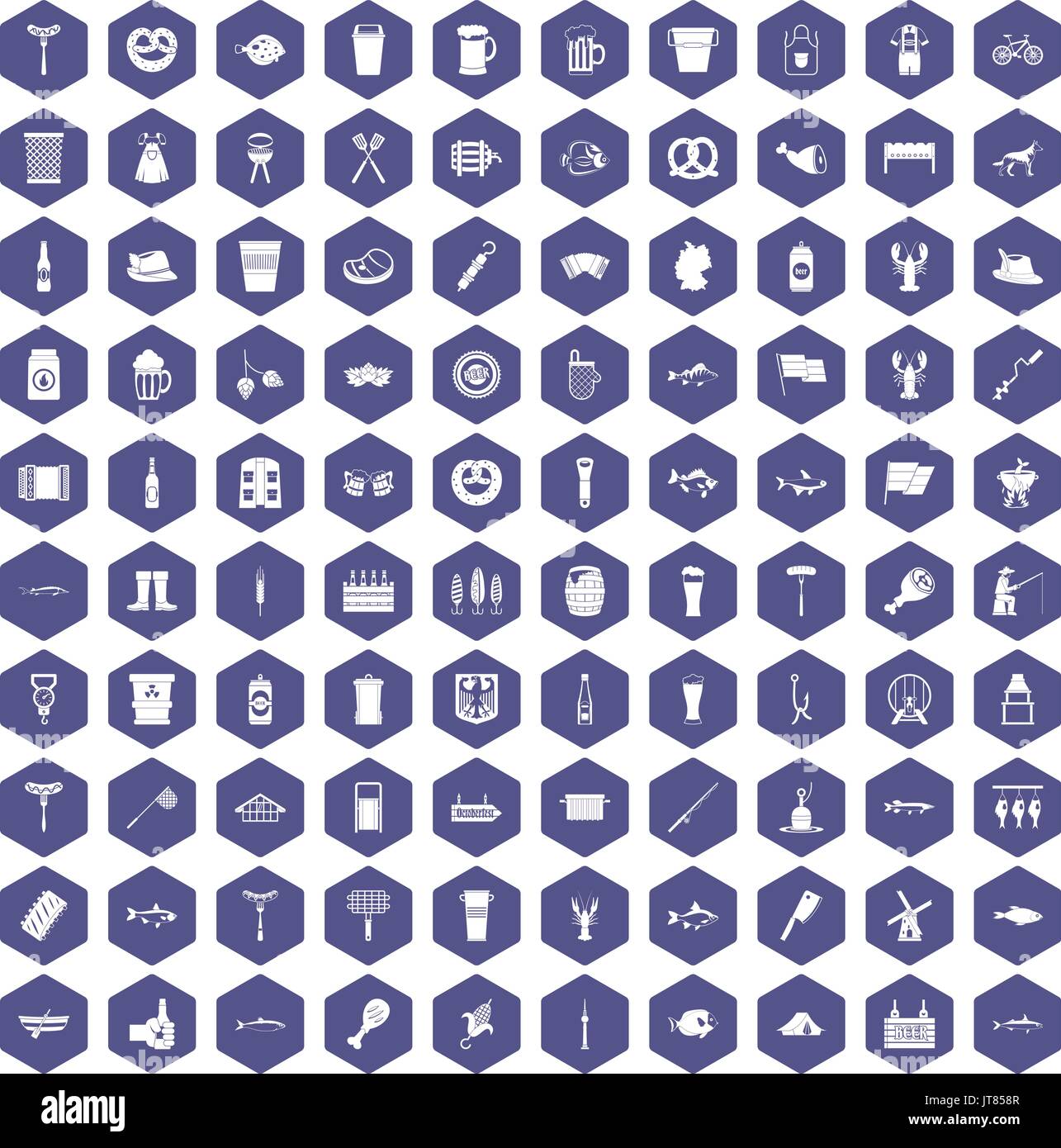 100 Bier Symbole hexagon Lila Stock Vektor