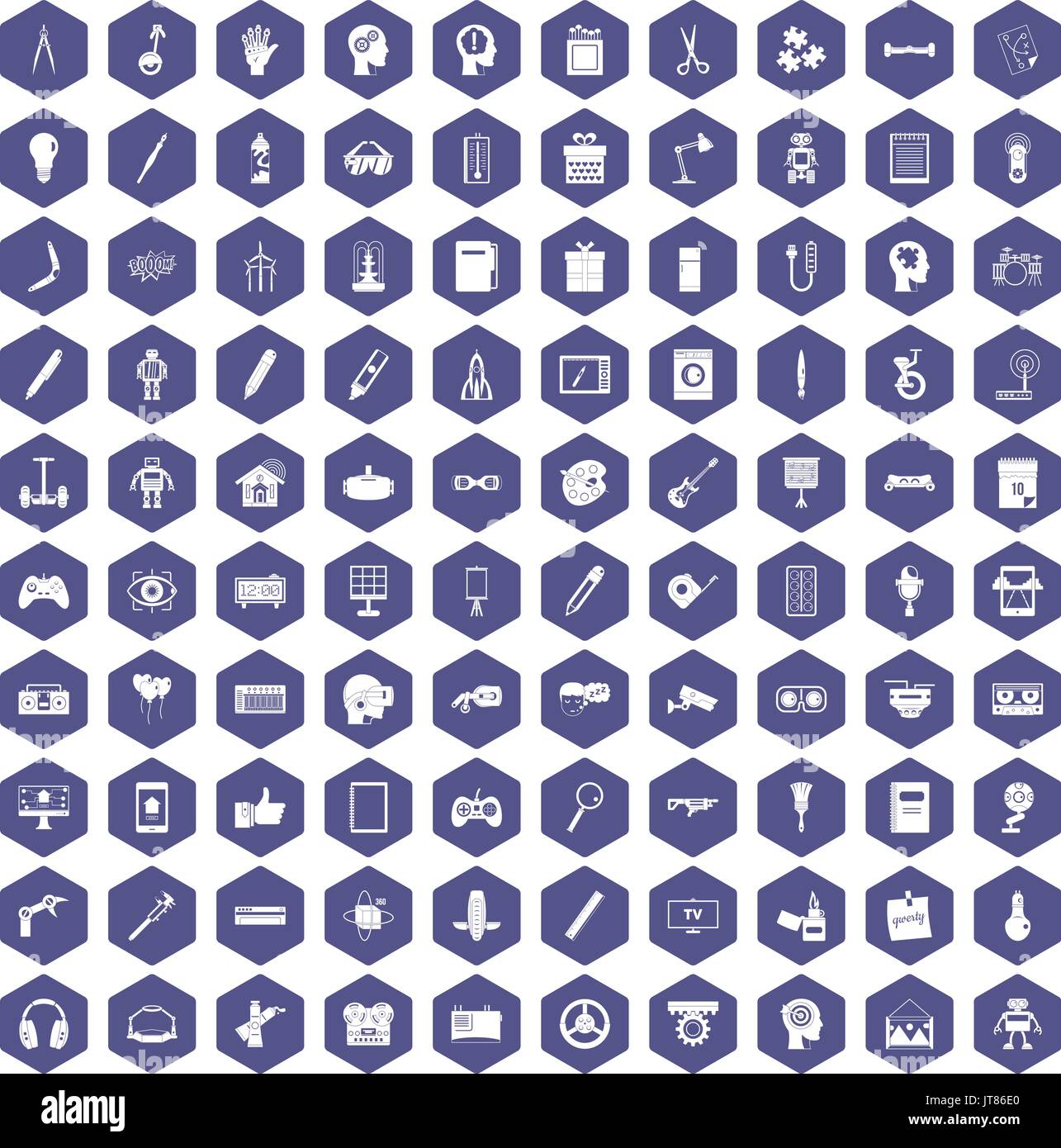 100 kreative Idee Symbole Sechseck lila Stock Vektor