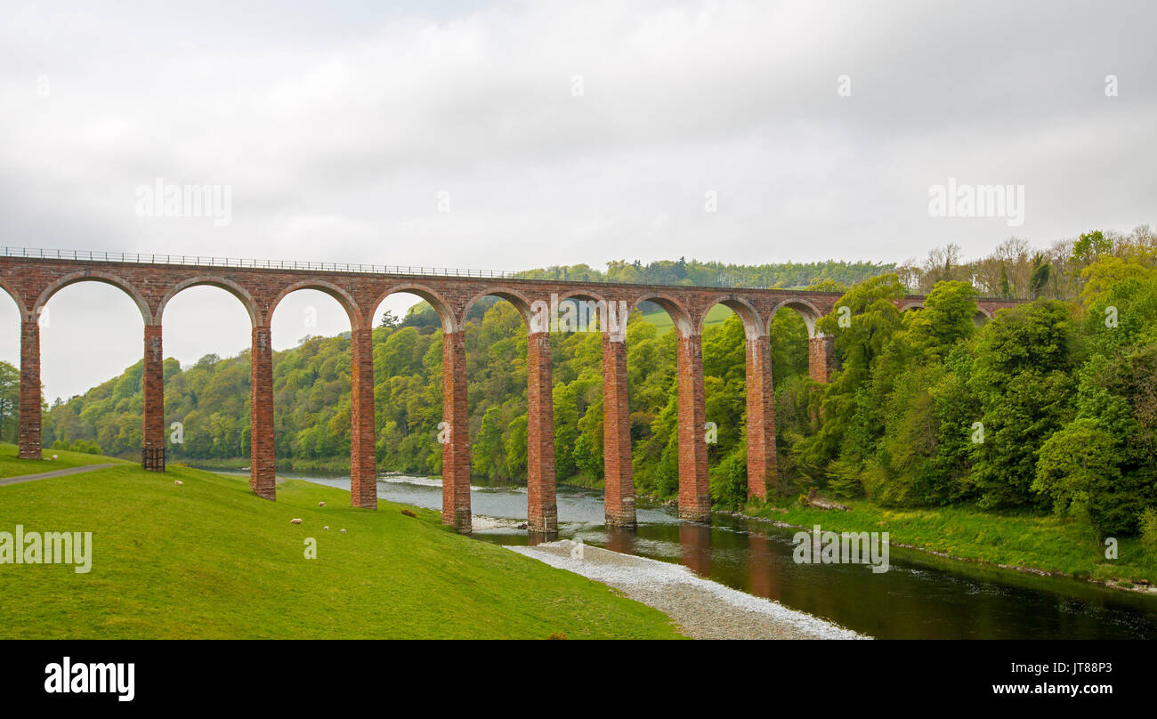 Leaderfoot/Drygrange Viadukt, ein Erbe aus dem 19. Jahrhundert Sandstein Eisenbahnbrücke der Tweed River Crossing in Schottland aufgeführt Stockfoto