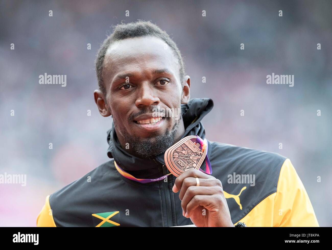 London, Grossbritannien. 06 Aug, 2017. Usain Bolt (JAM/3.Platz), Medaille, Bronze, Bronzemedaille, Siegerehrung 100 m der Maenner, am 06.08.2017 Wirtschaft Championships 2017 in London/Grossbritannien, vom 04.08. - 13.08.2017. | Verwendung weltweit Quelle: dpa/Alamy leben Nachrichten Stockfoto