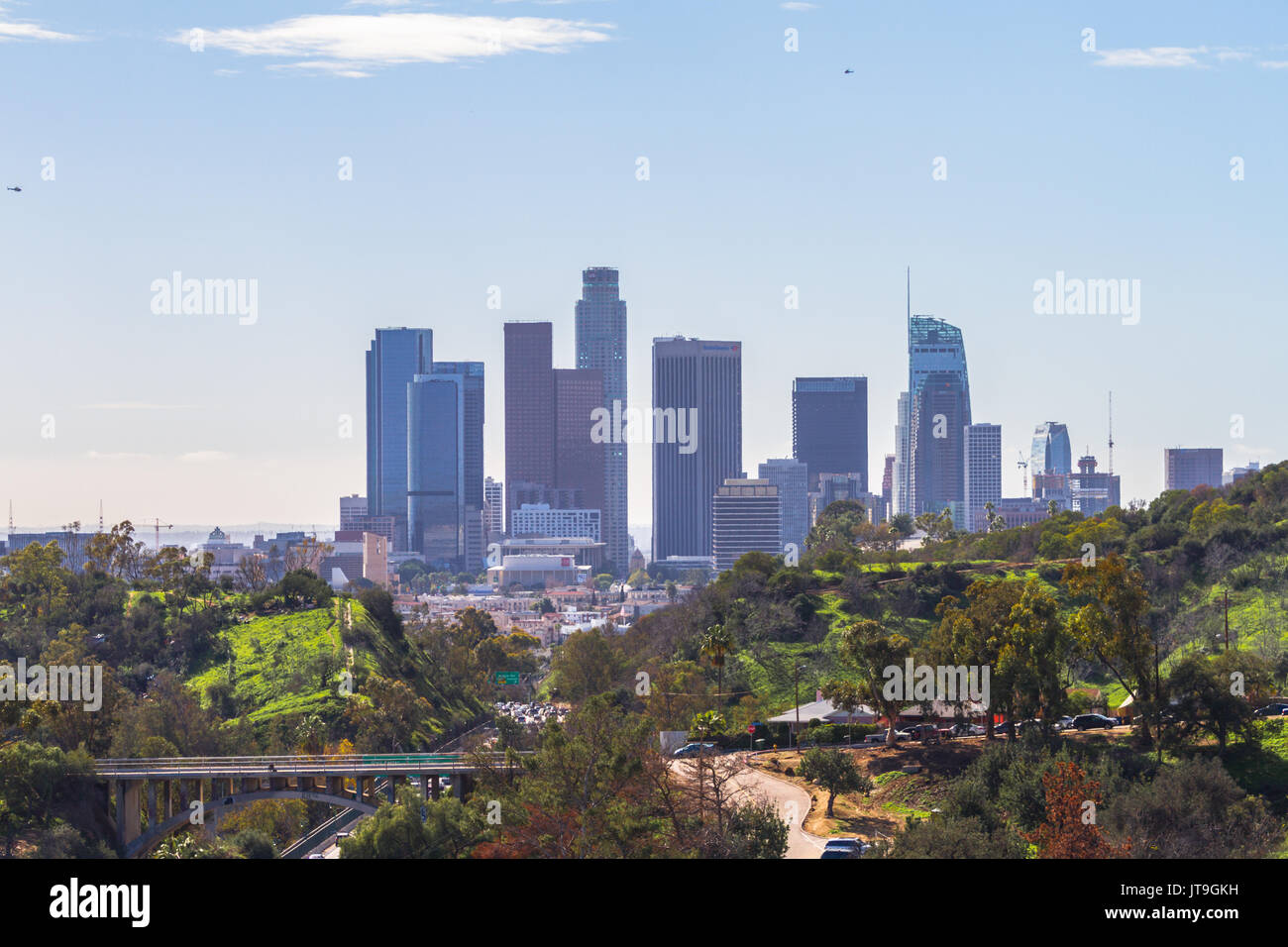 Die Skyline von Downtown Los Angeles, Kalifornien. Los Angeles ist die bevölkerungsreichste Stadt im US-Bundesstaat Kalifornien. Stockfoto