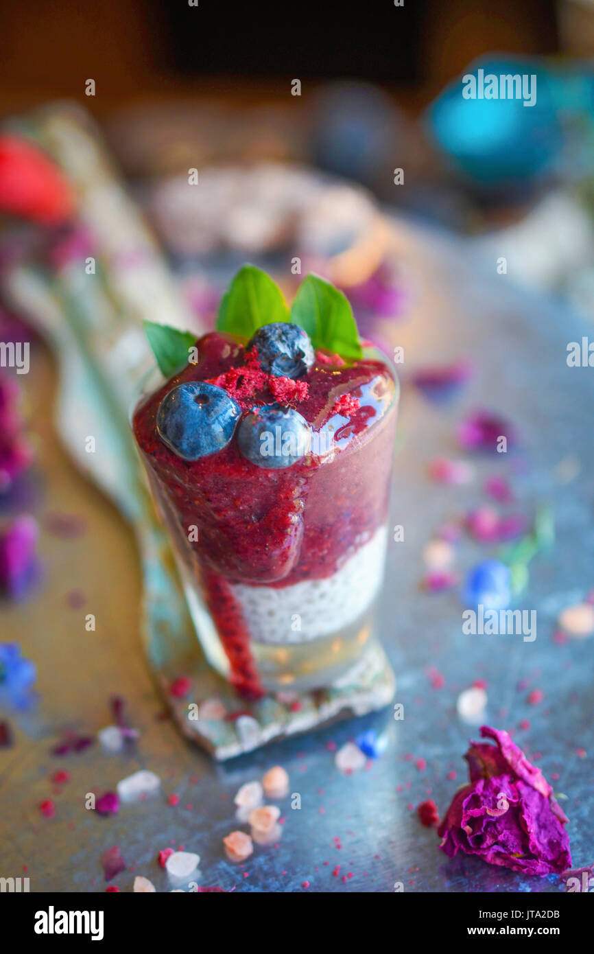 Lila smoothy mit Chia Pudding in ein Schnapsglas mit einem Zweig frische Minze auf der Oberseite für eine gesunde Glutenfreie raw vegan Schuß von Energie Stockfoto