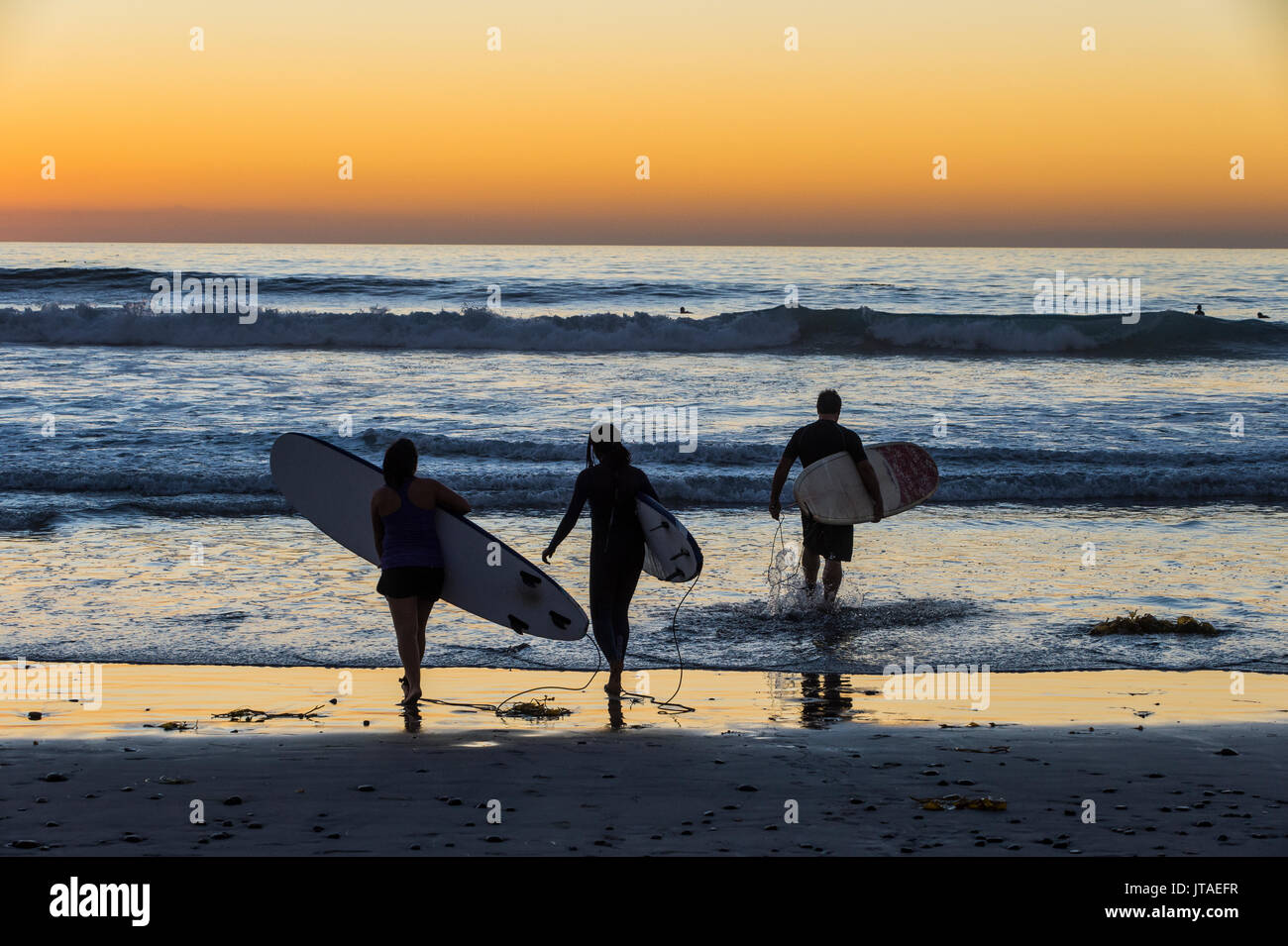 Surfer gehen mit ihren Surfboards im Meer bei Sonnenuntergang, Del Mar, Kalifornien, Vereinigte Staaten von Amerika, Nordamerika Stockfoto