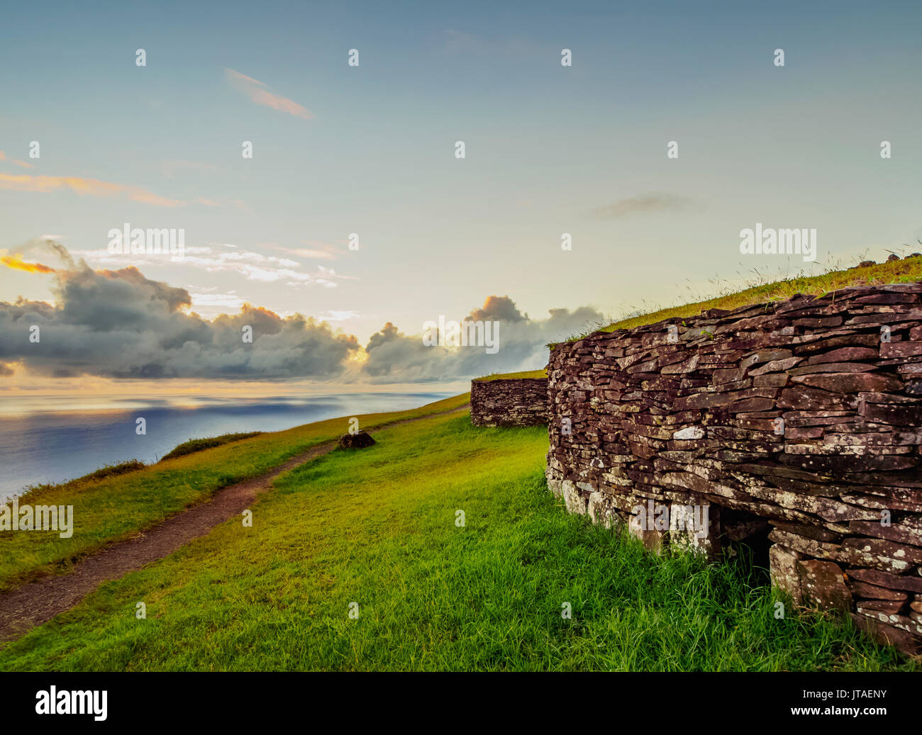 Orongo Dorfes, Rapa Nui Nationalpark, UNESCO-Weltkulturerbe, Easter Island, Chile Stockfoto