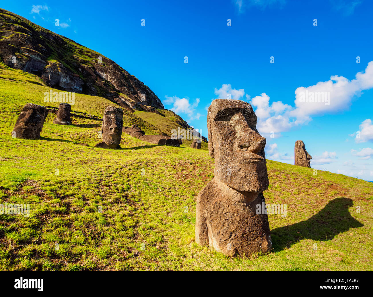 Moais am Steinbruch am Hang des Rano Raraku Vulkans, Nationalpark Rapa Nui, UNESCO, Osterinsel, Chile Stockfoto