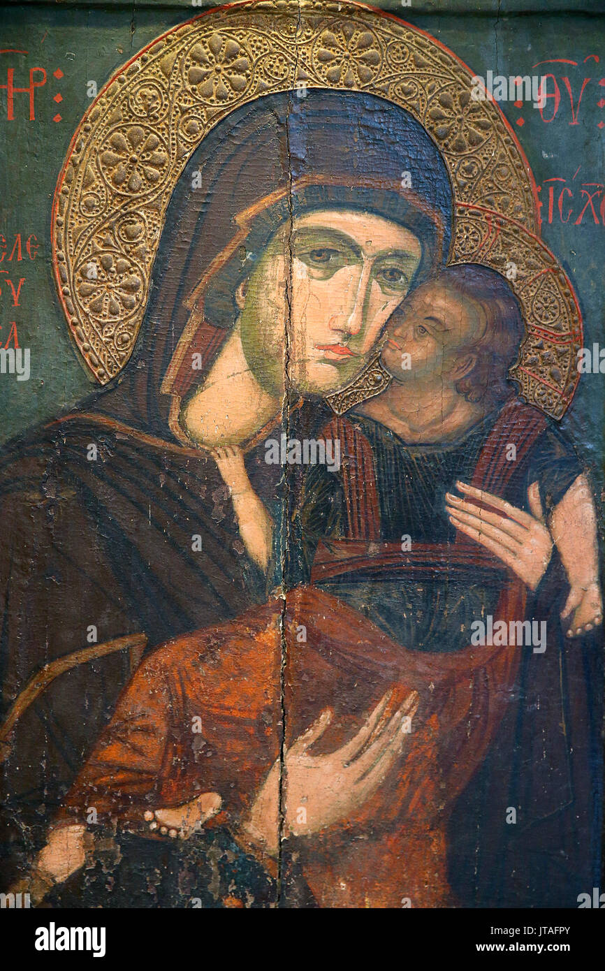 Ikone der Jungfrau eleousa, aus dem 14. Jahrhundert, in Pedoulas Byzantinisches Museum, Pedoulas, Zypern, Europa Stockfoto