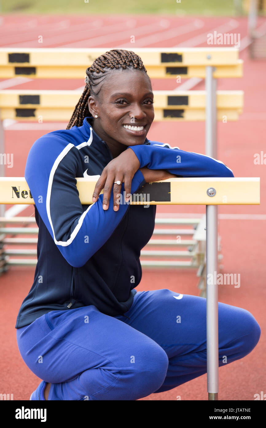 Hürdenspringer Dawn Harper-Nelson dargestellt im Alexander Stadion in Birmingham, Großbritannien Stockfoto