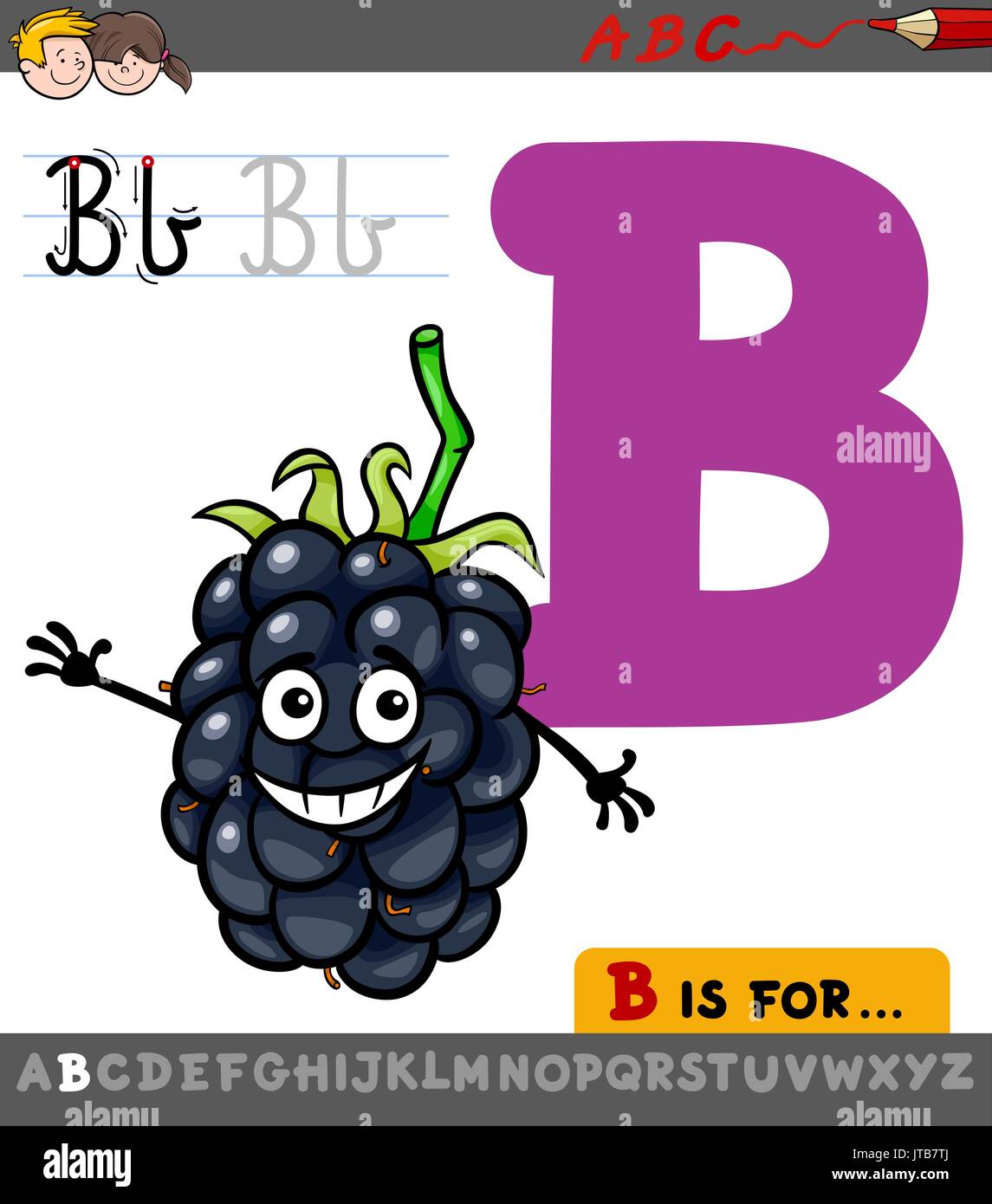 Pädagogische Cartoon Illustration von Buchstabe B von Alphabet mit Black Obst Charakter für Kinder Stock Vektor