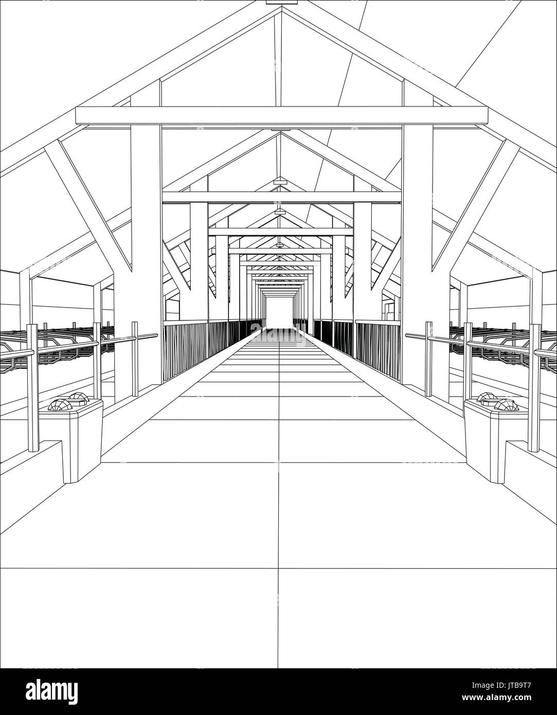 Wire-Frame Industriegebäude indoor auf dem weißen. Ablaufverfolgung Darstellung von 3d Stock Vektor