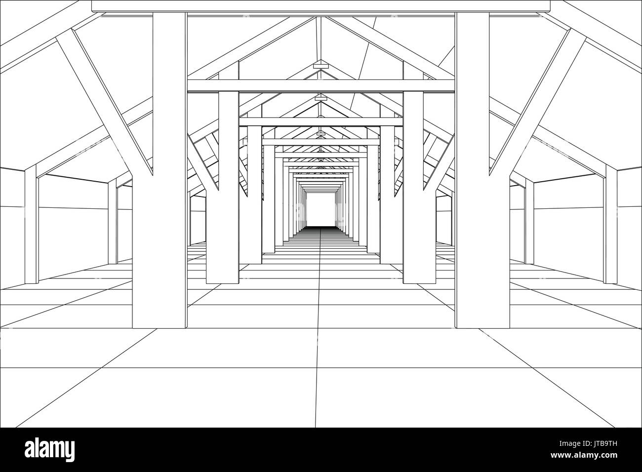 Abstrakte Industriegebäude Konstruktionen indoor. Ablaufverfolgung Darstellung von 3d Stock Vektor