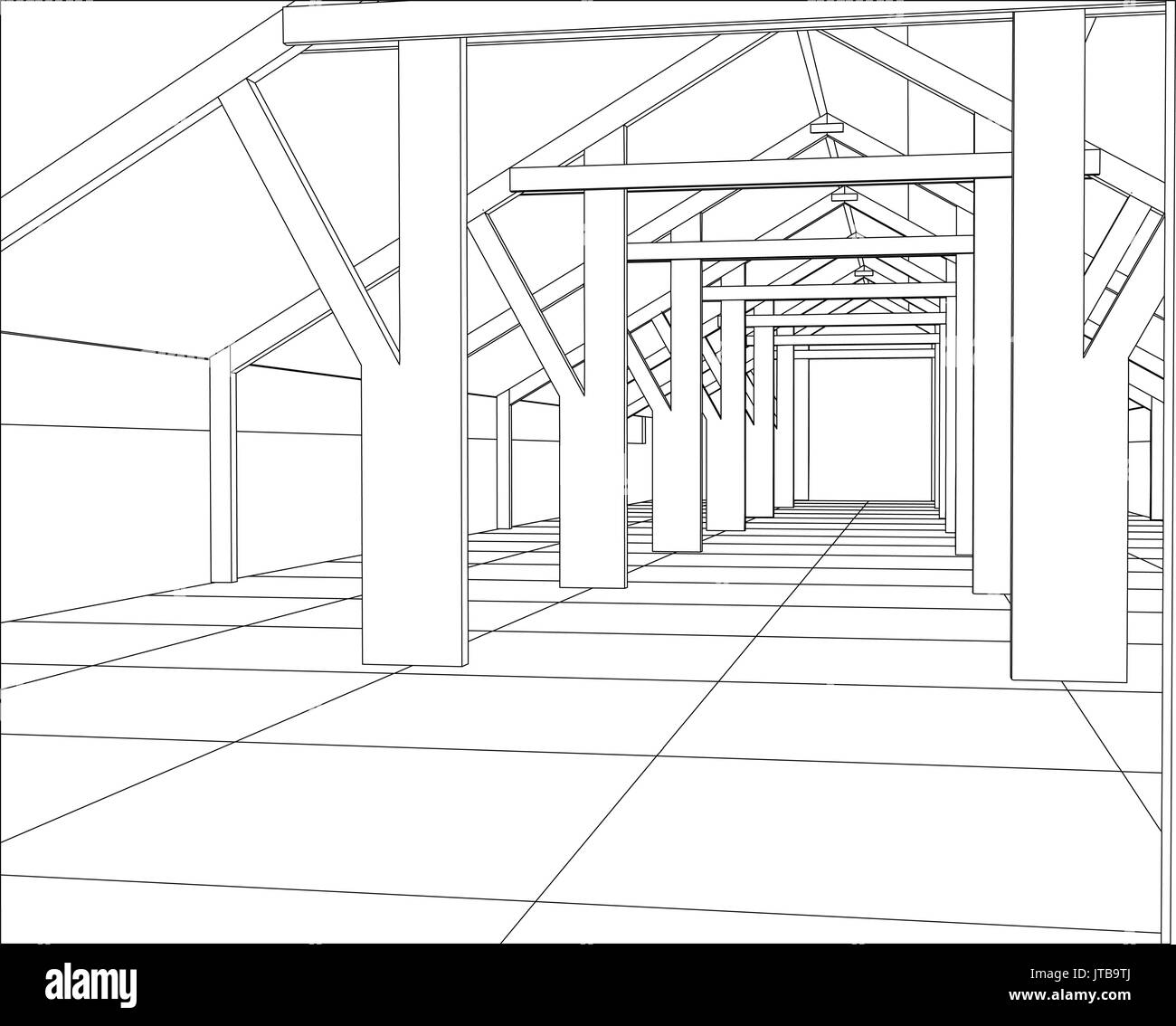 Industrielle Baukonstruktionen indoor. Ablaufverfolgung Darstellung von 3d Stock Vektor