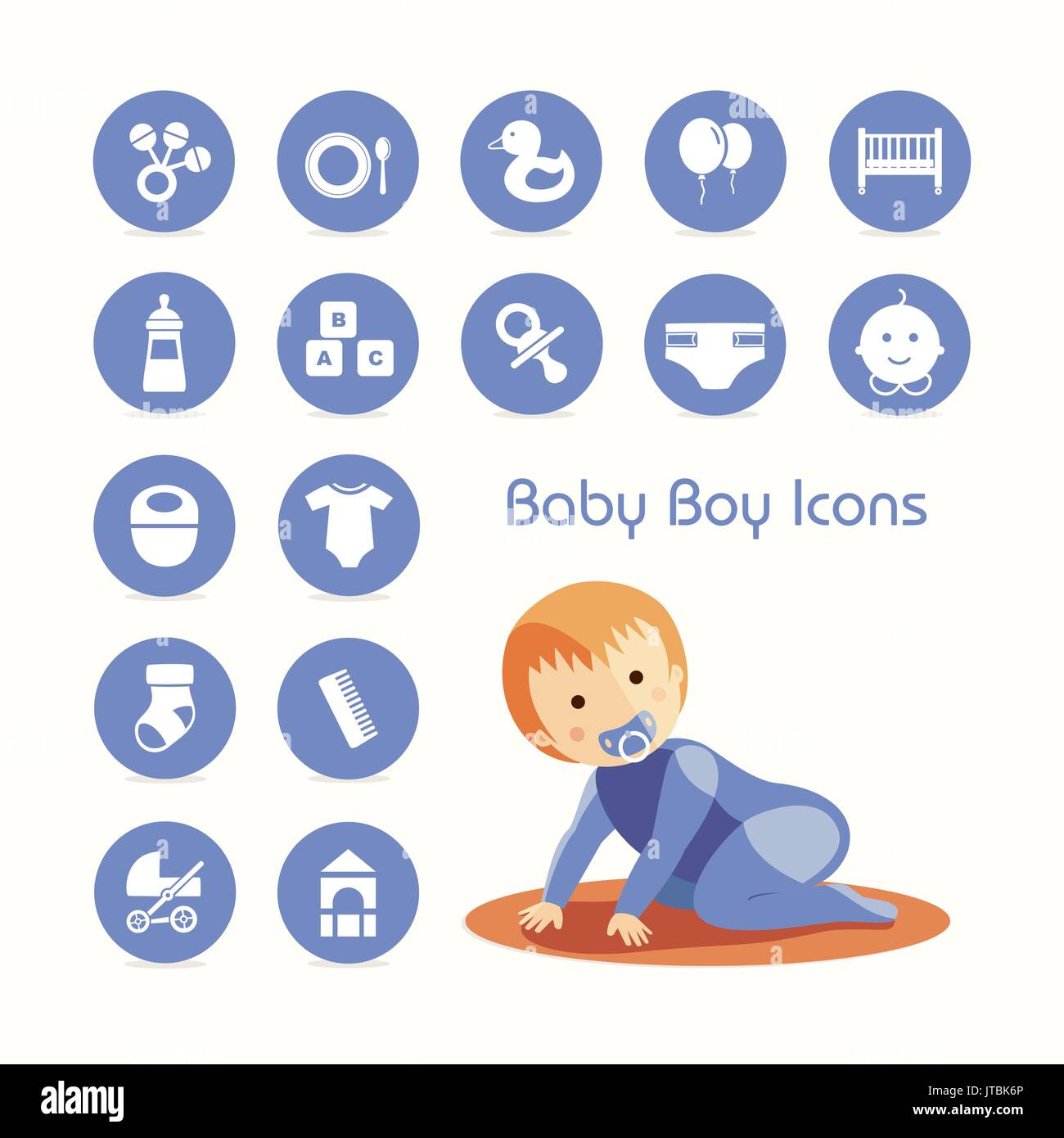 Baby Boy kriechen und Symbole festlegen Stock Vektor