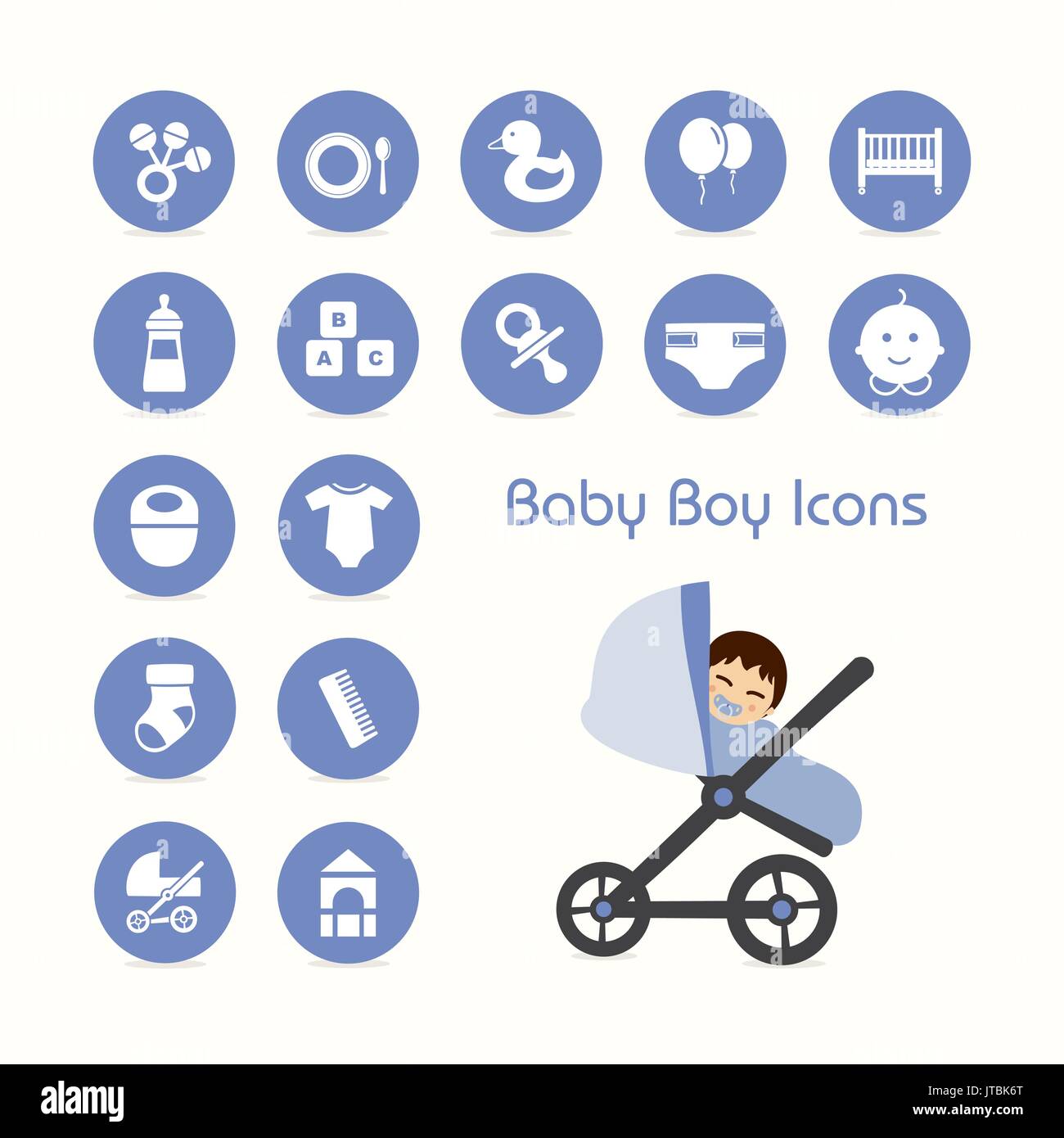 Baby auf Kinderwagen und Symbole festlegen Stock Vektor