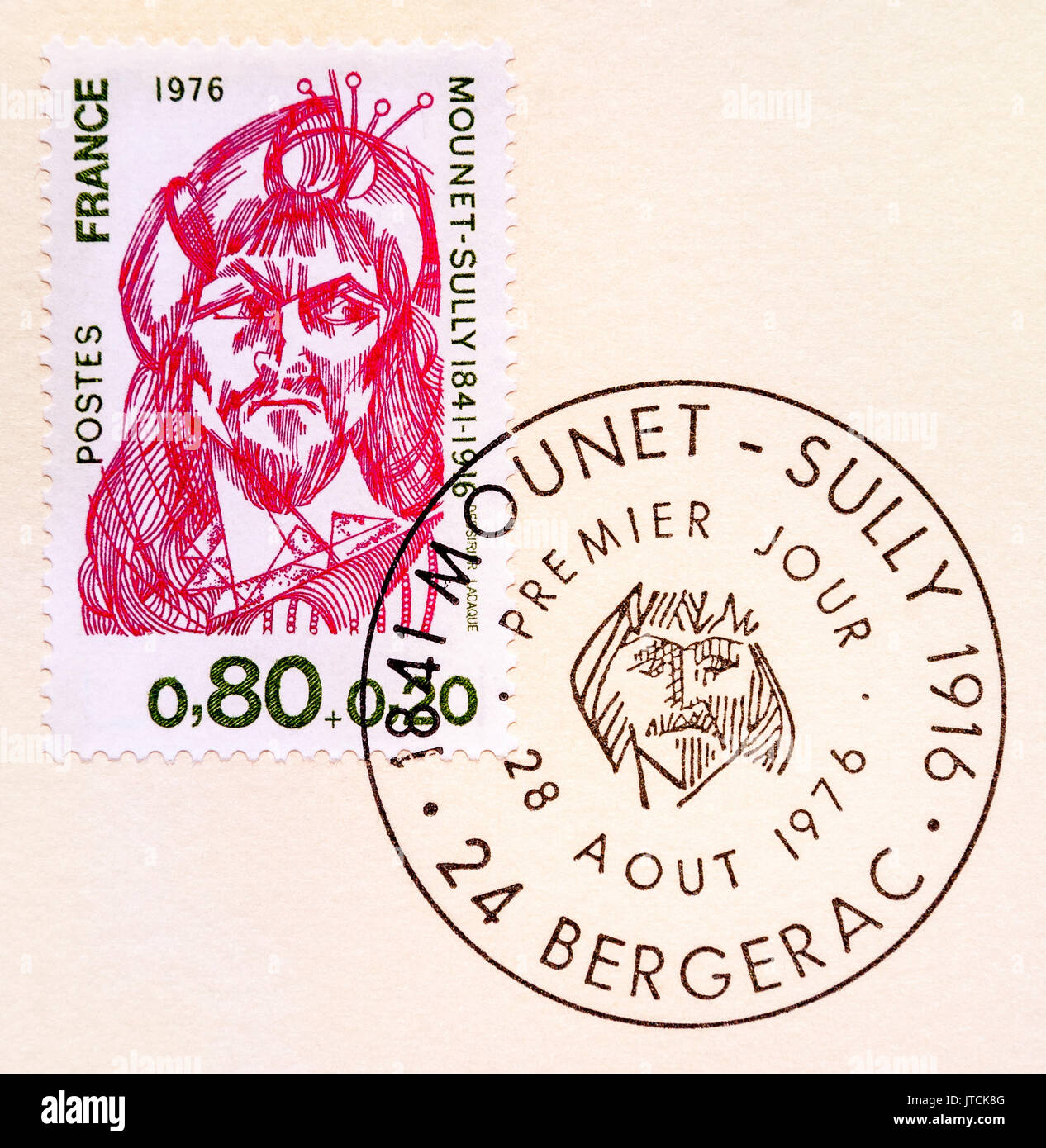 Französische Stempel und spezielle 1. tag Poststempel für Mounet-Sully. Stockfoto