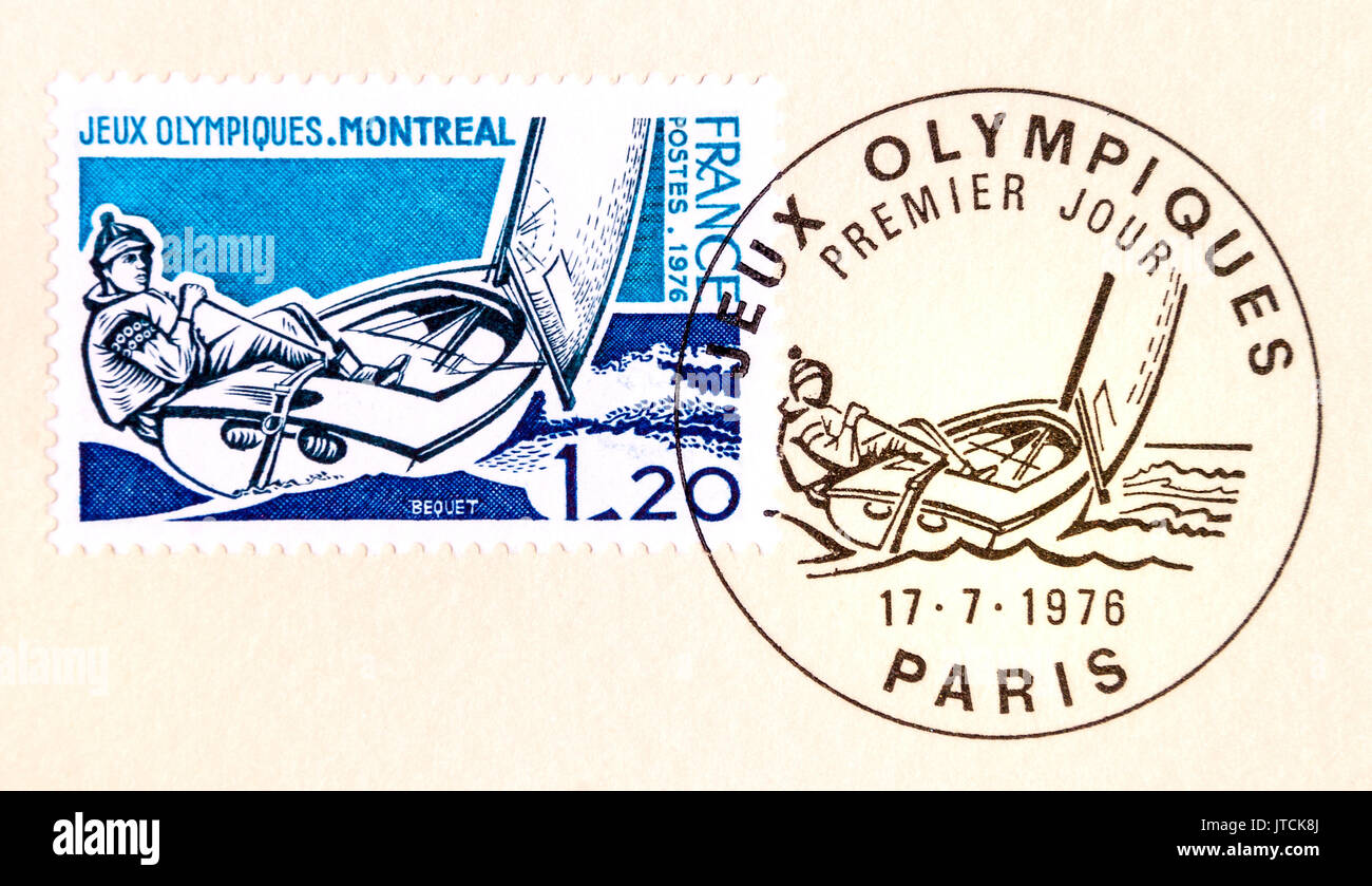 Französische Stempel und spezielle 1. tag Poststempel für die Olympischen Spiele 1976 in Montreal. Stockfoto