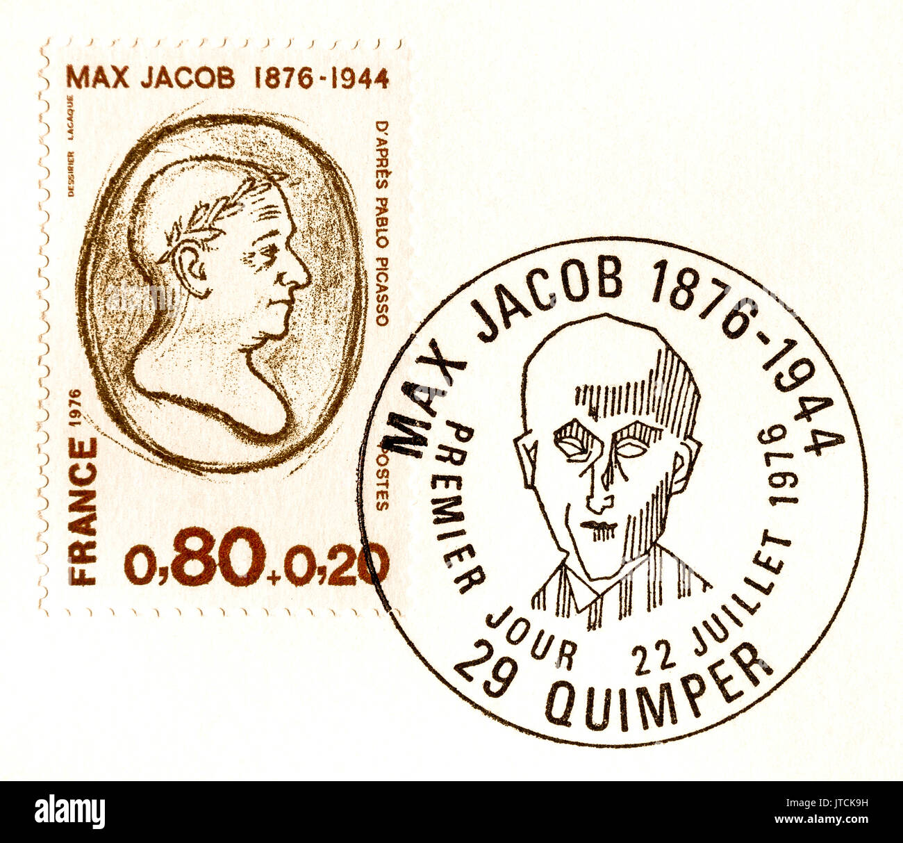 Französische Stempel und spezielle 1. tag Poststempel von Max Jacob. Stockfoto