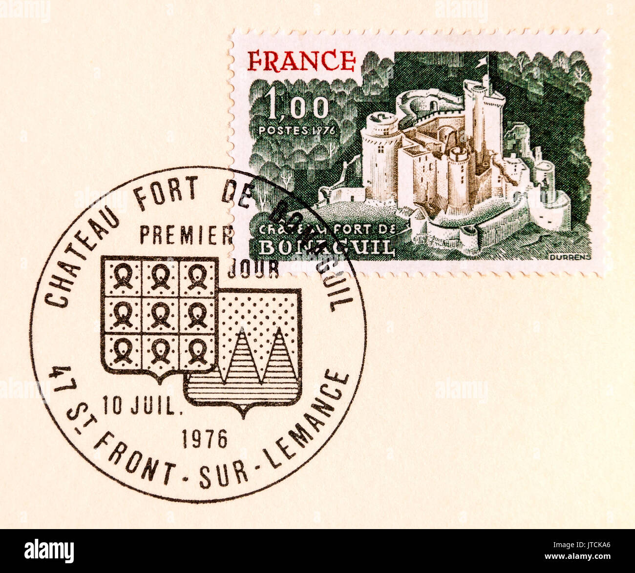 Französische Stempel und spezielle 1. tag Poststempel von Chateau St. Front-sur-lemance. Stockfoto