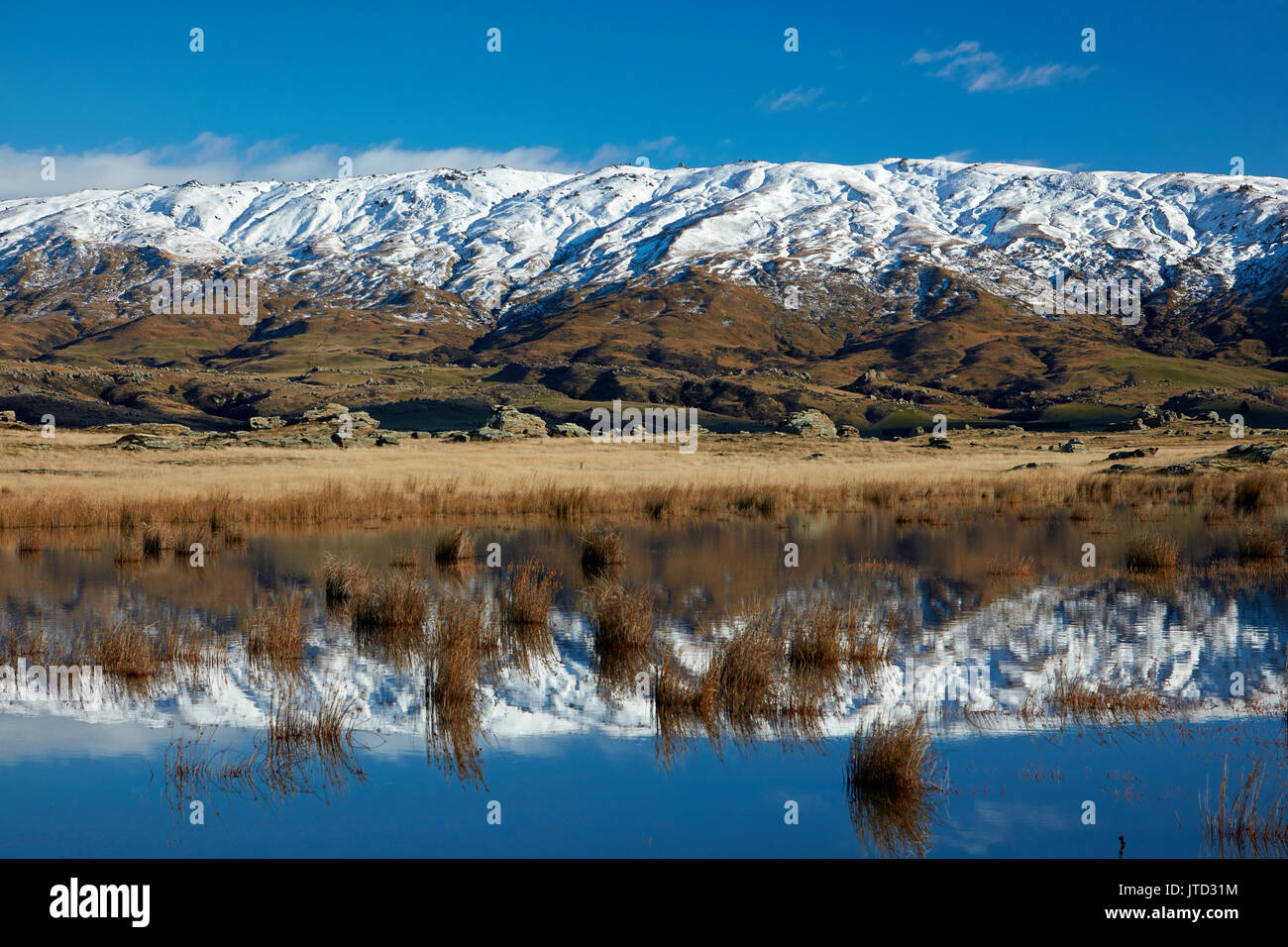 Bauernhof Teich und Rock und Säule, Sutton, in der Nähe von Middlemarch, Strath Taieri, Otago, Südinsel, Neuseeland Stockfoto