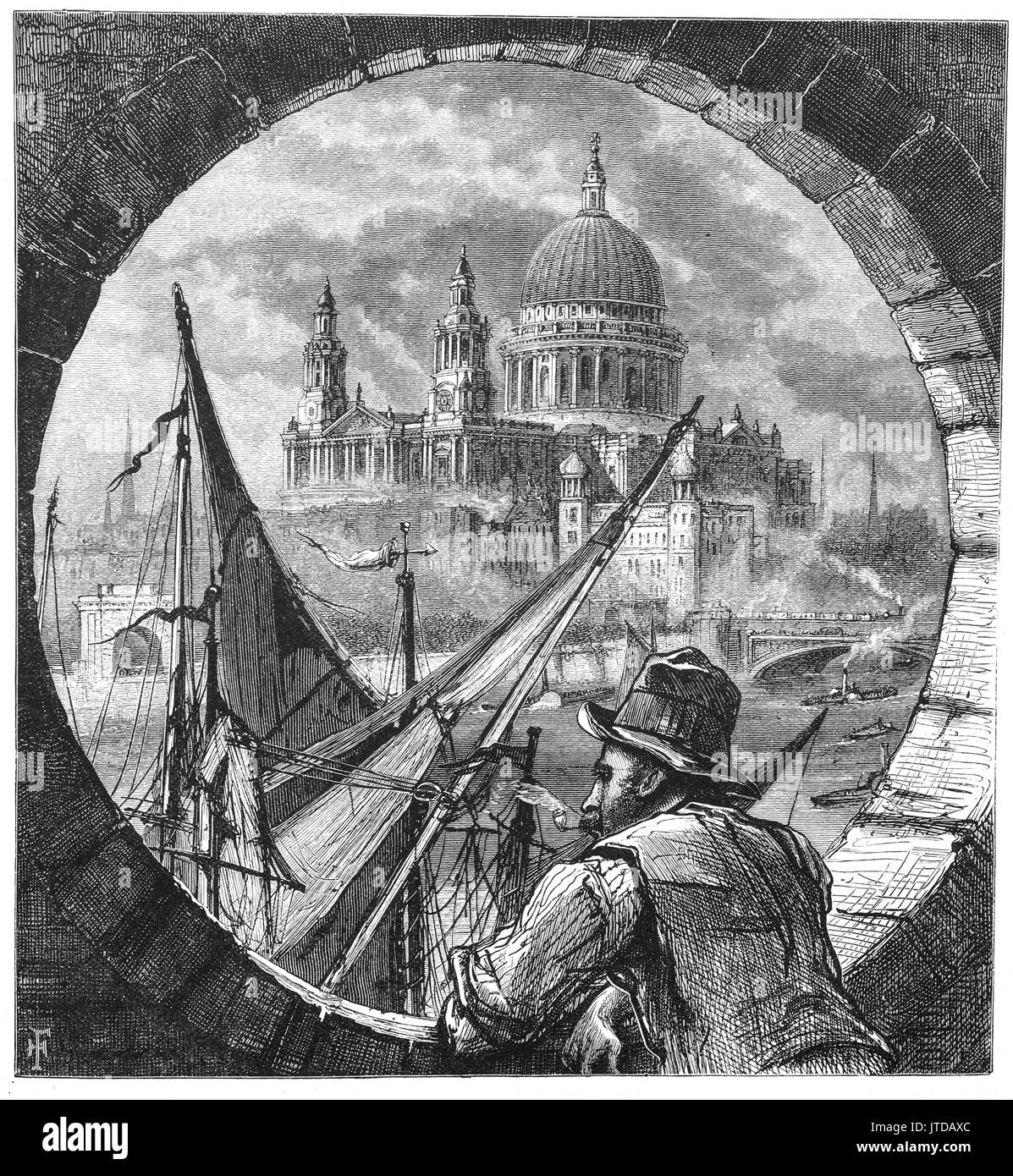 1870: St. Paul's Anglican Cathedral, London am Ludgate Hill auf dem höchsten Punkt der Stadt London. Aus dem späten 17. Jahrhundert, war es in der englischen Barock von Sir Christopher Wren. Vom Shot Tower an der Lambeth führen Werke, am Südufer der Themse in London, England stand gesehen, Stockfoto