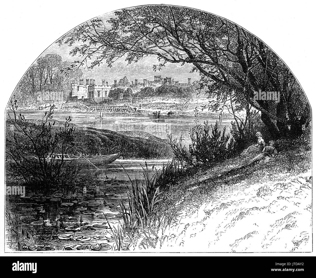 1870: Ein junges Paar genießt die Aussicht auf die Themse von Hampton Court Palace im Stadtteil Richmond upon Thames, London, Surrey, England. Gebäude des Palastes begann im Jahr 1515 für Kardinal Thomas Wolsey, ein Liebling von König Heinrich VIII. und es war der erste Einsatz der Renaissance Architektur in Tudor England Stockfoto