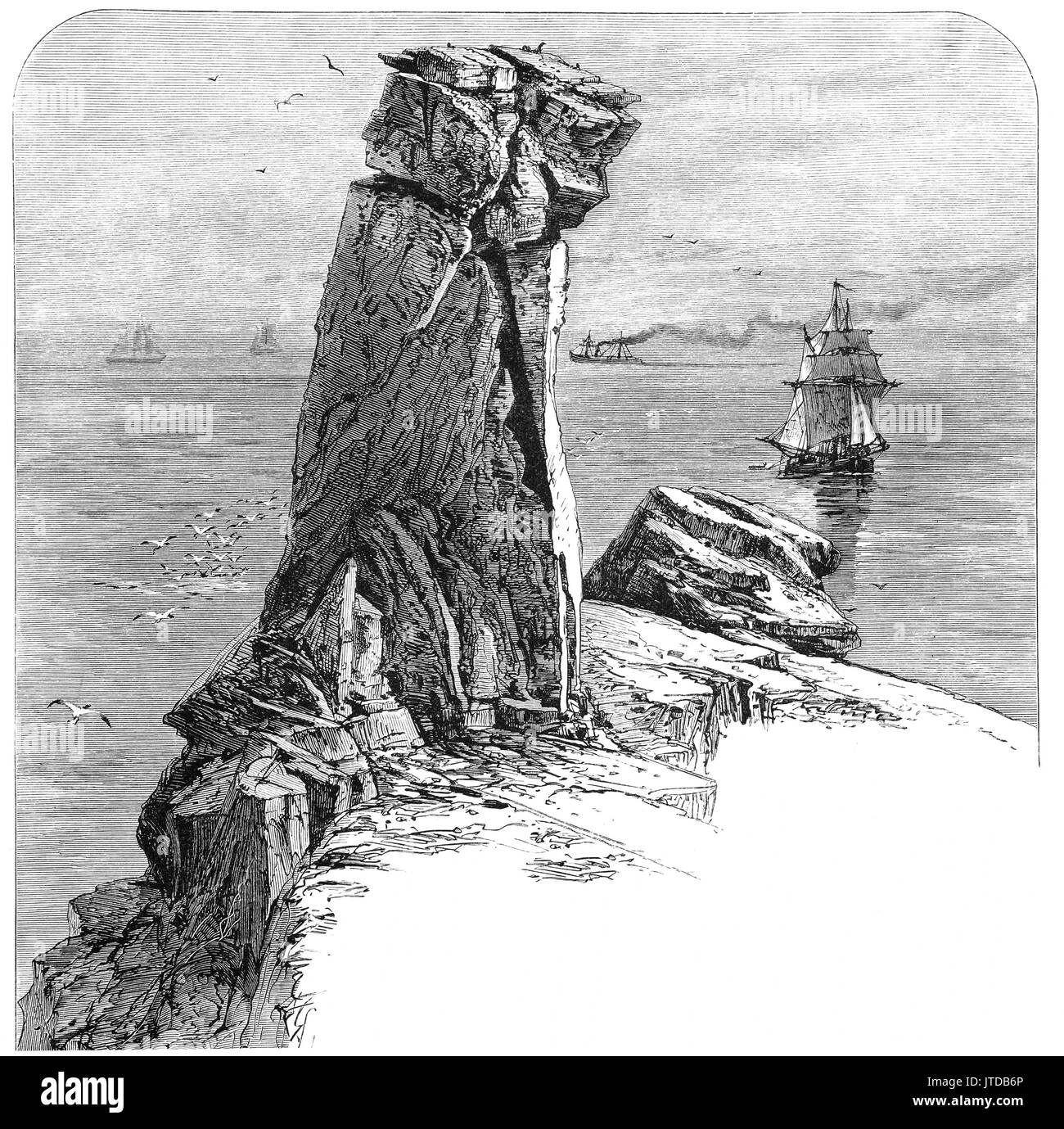 1870: Segelschiffe und einem kleinen Dampfer aus Bumble Rock, ein hervorragendes Beispiel für eine Küstenstadt geomorphogical verfügen über ein Meer genannt wird. Es ist nur in den Suedosten der Eidechse Leuchtturm, Cornwall, England Stockfoto