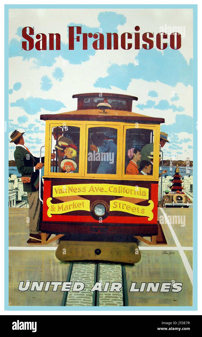 1950er/1960er Original Vintage Travel Poster San Francisco Cable Car und Passagiere, Kalifornien USA United Airlines Artwork von Stan Galli Stockfoto