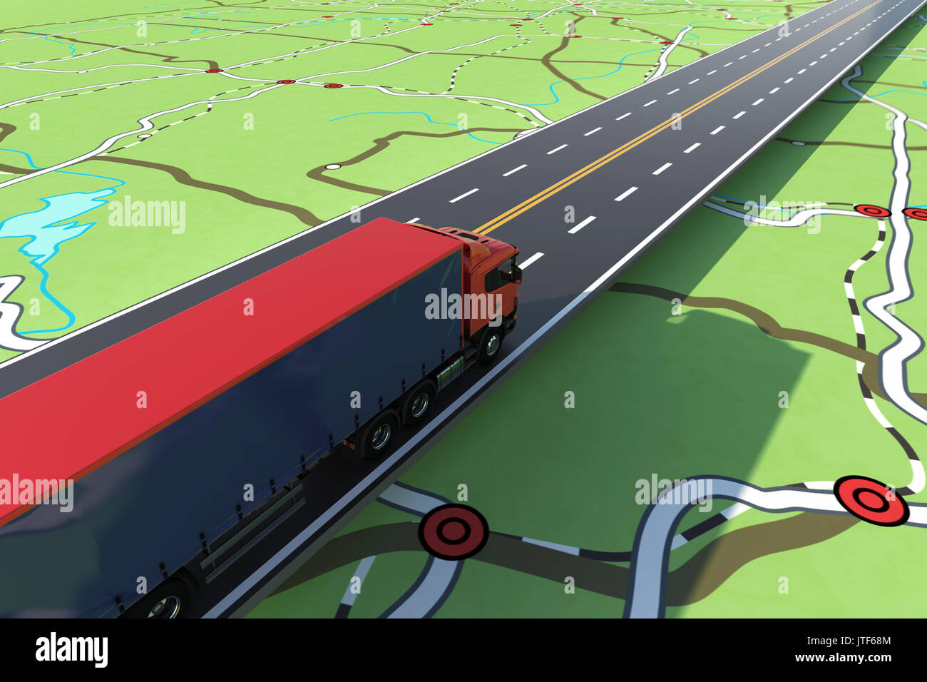 Schnelle Lkw in einem Highway. GPS-Tracking der Sendung. 3D-Rendering. Stockfoto