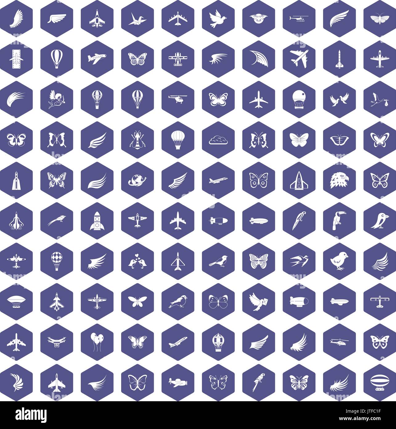 100 fliegen Symbole hexagon Lila Stock Vektor